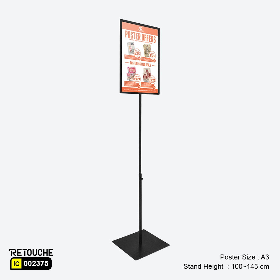 Display Poster Stand, Poster Size A3, Height-Adjustable, Metal, Black Color