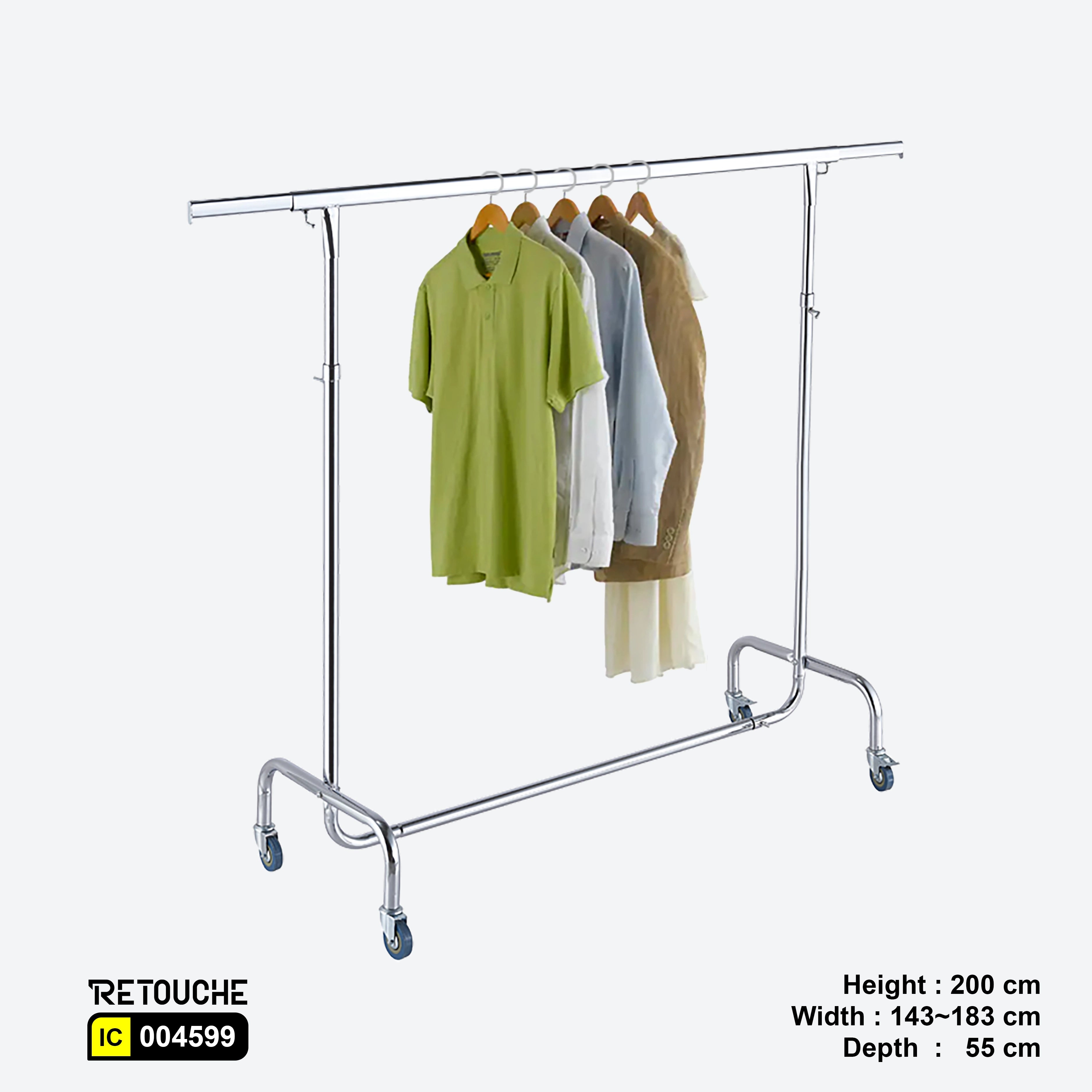 Garment Clothes Rack Stand, Adjustable, Single Bar, Full Chrome, with Wheels