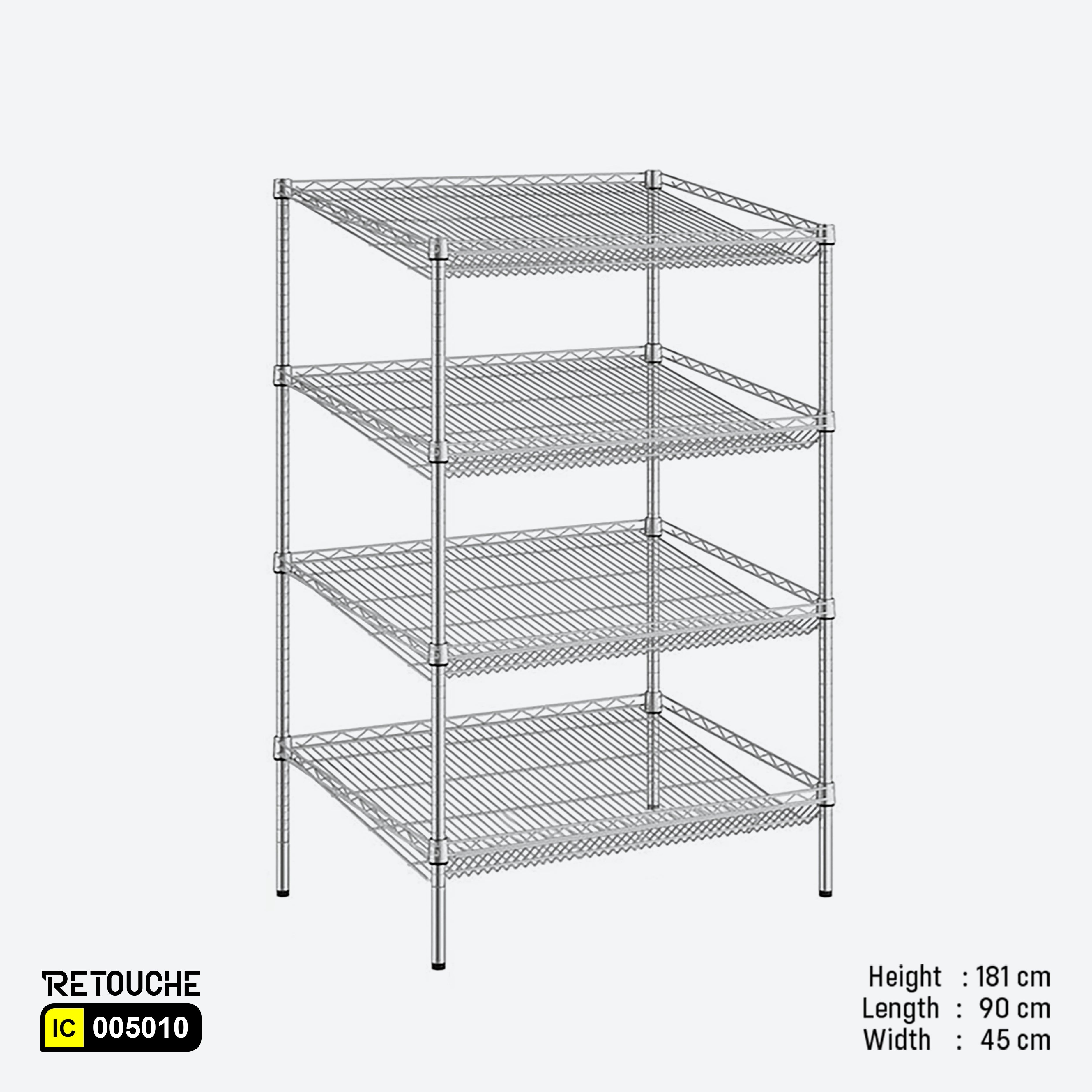Wire Shelving Rack, 4 Slanted Tiers, Carbon Steel, Chrome Finish.