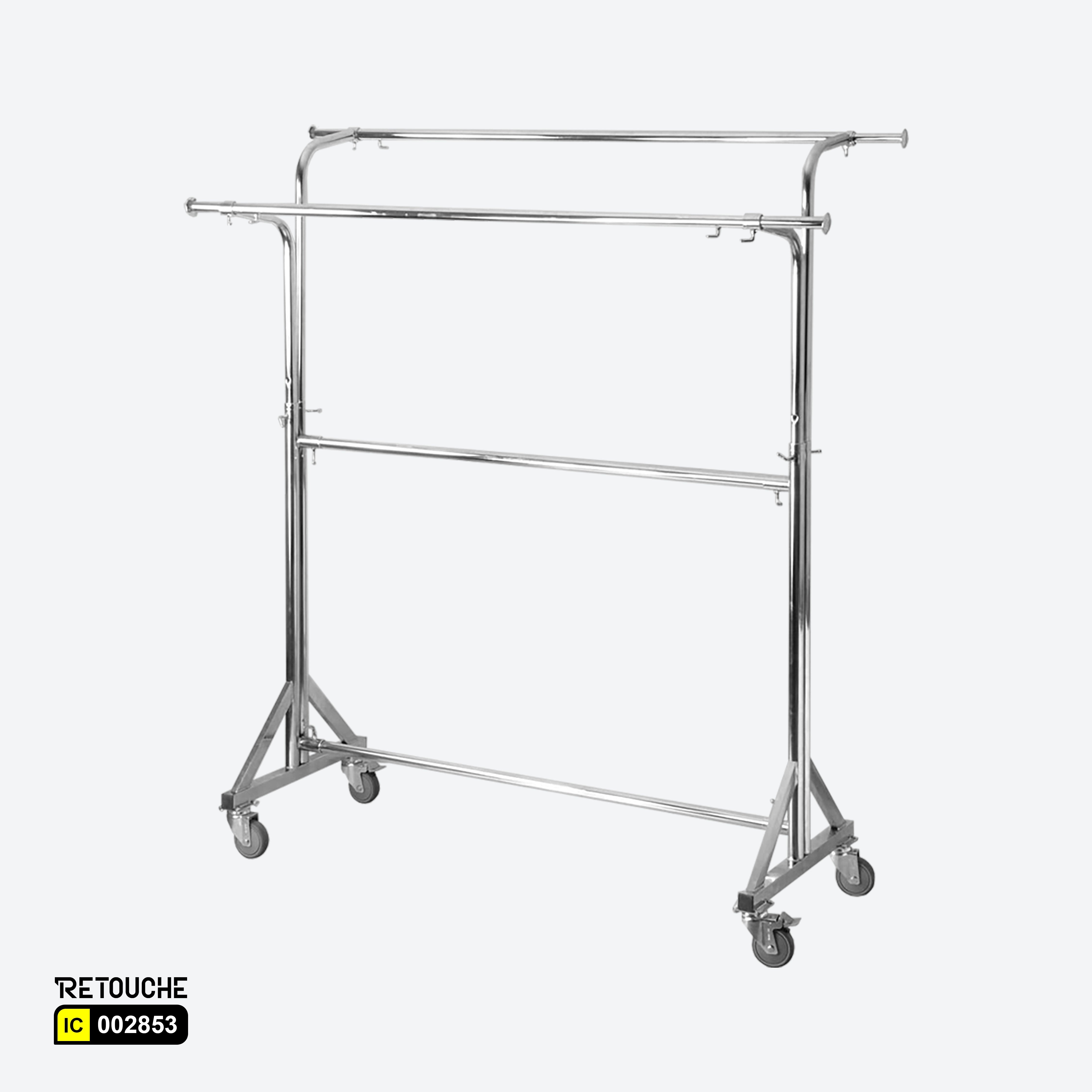 Garment Clothes Stand, Double Rails, Adjustable, Full Chrome, With Wheels