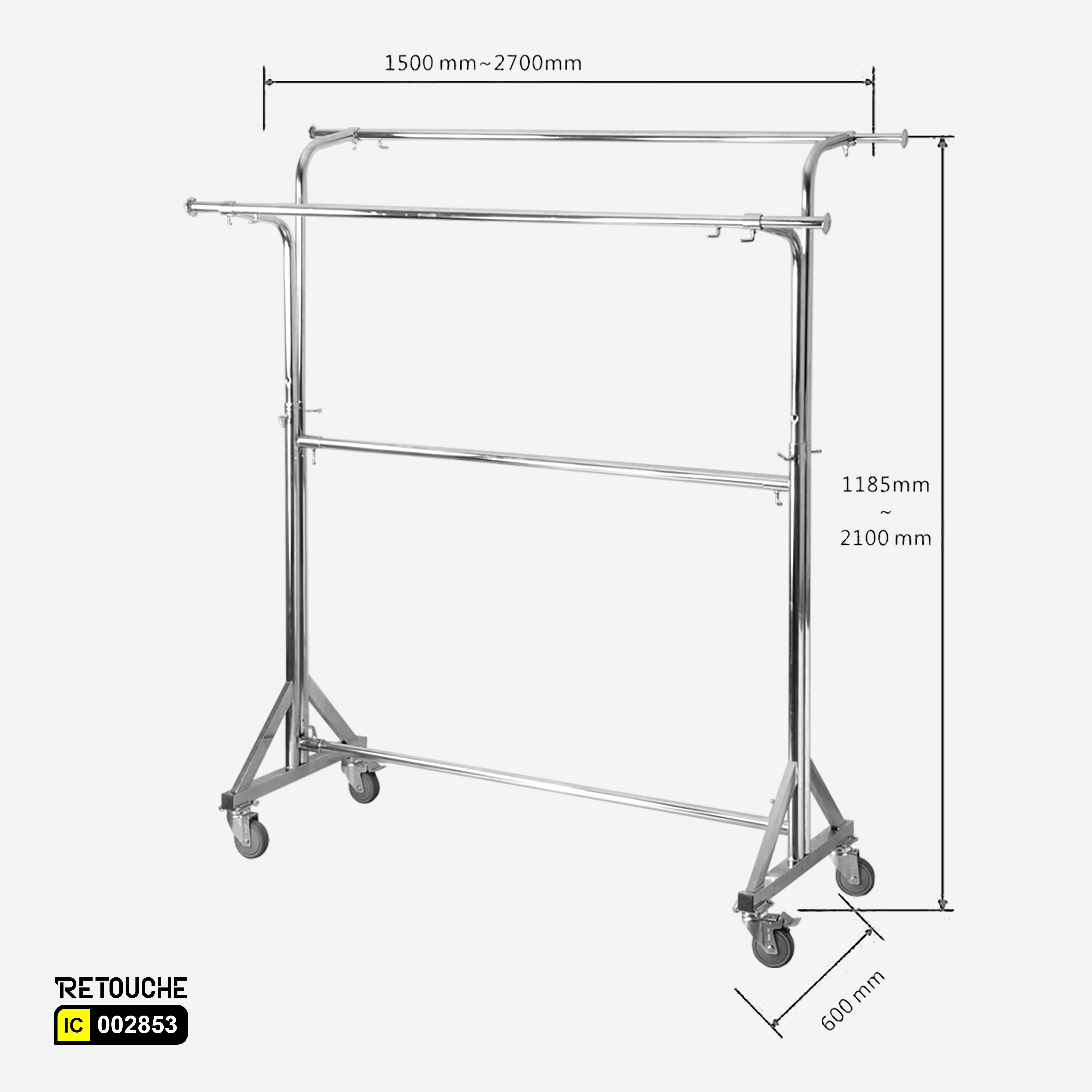 Garment Clothes Stand, Double Rails, Adjustable, Full Chrome, With Wheels