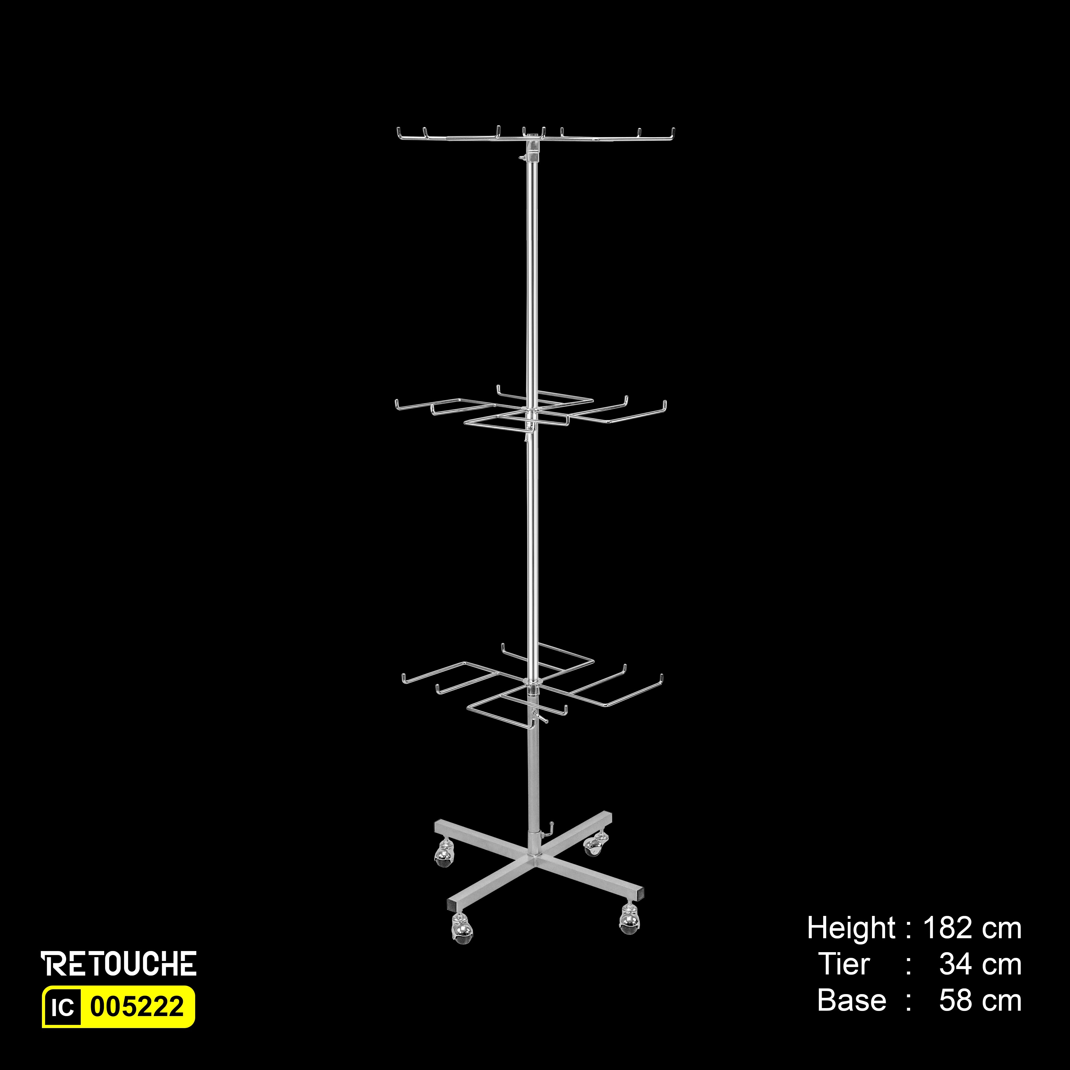 Spinner Display Rack Stand with Hooks & Wheels, 3-Tier, Chrome Plated