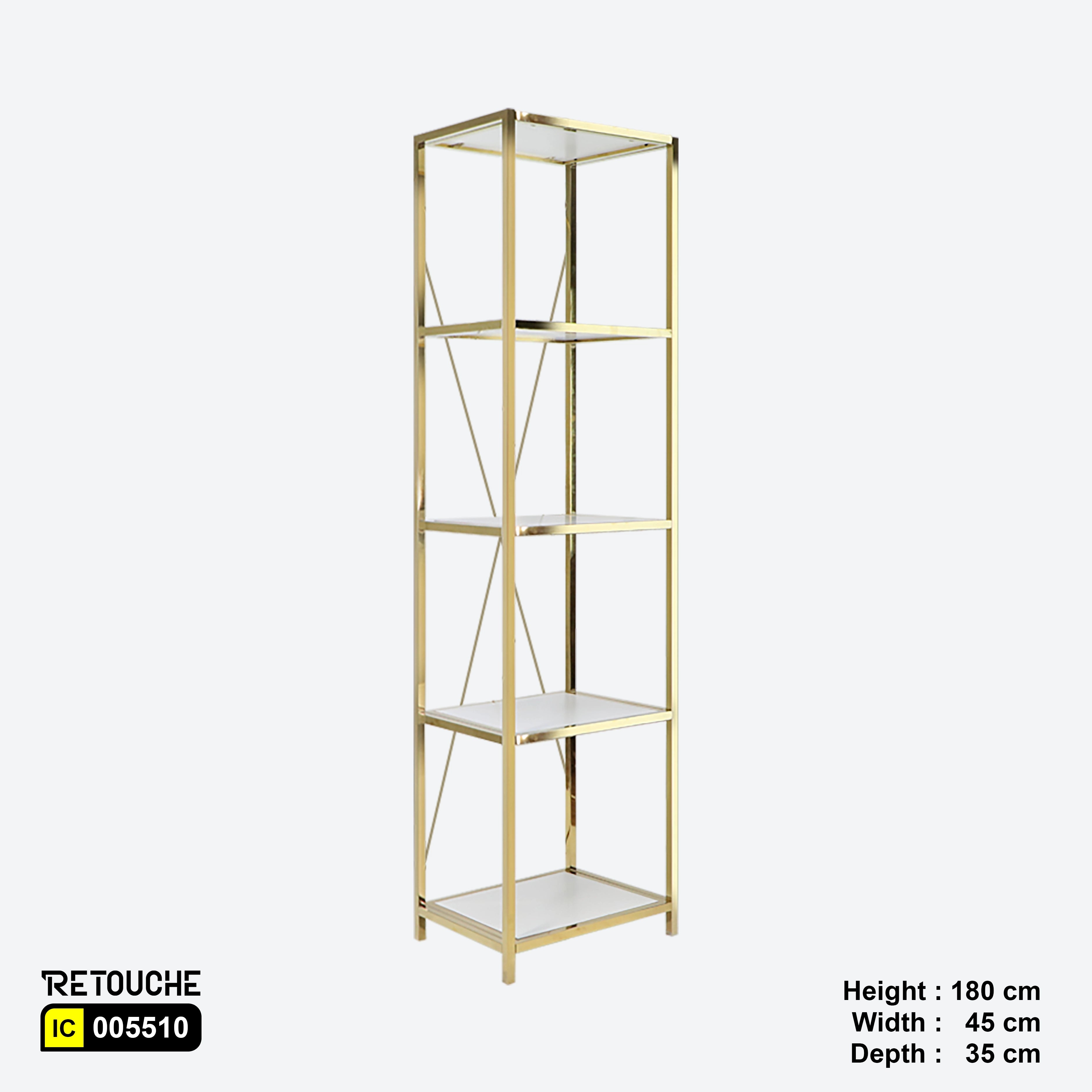 Metal Shelving Unit, 5 Tier, Gold Metal and White Wood Shelves