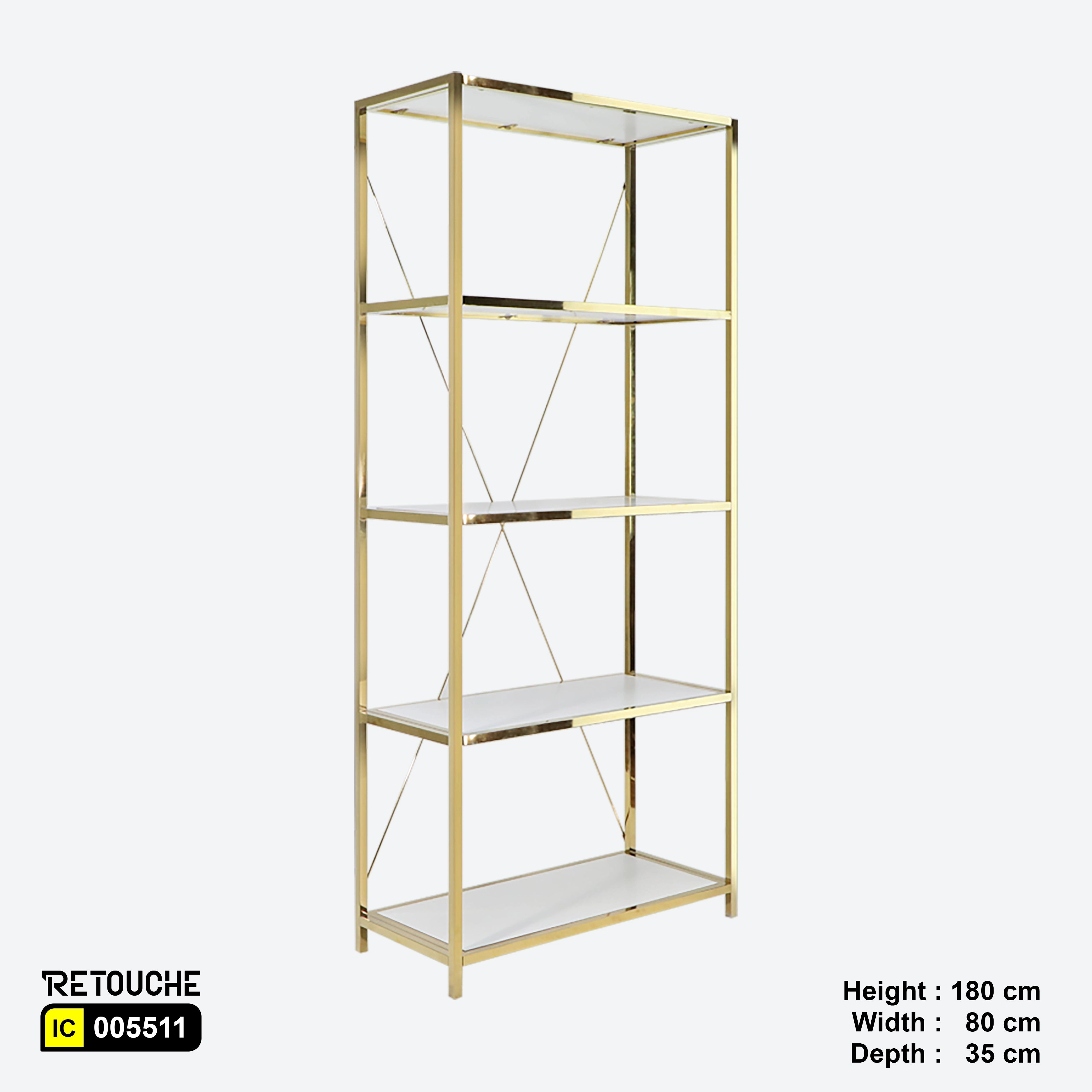 Metal Shelving Unit, 5 Tier, Gold Metal and White Wood Shelves