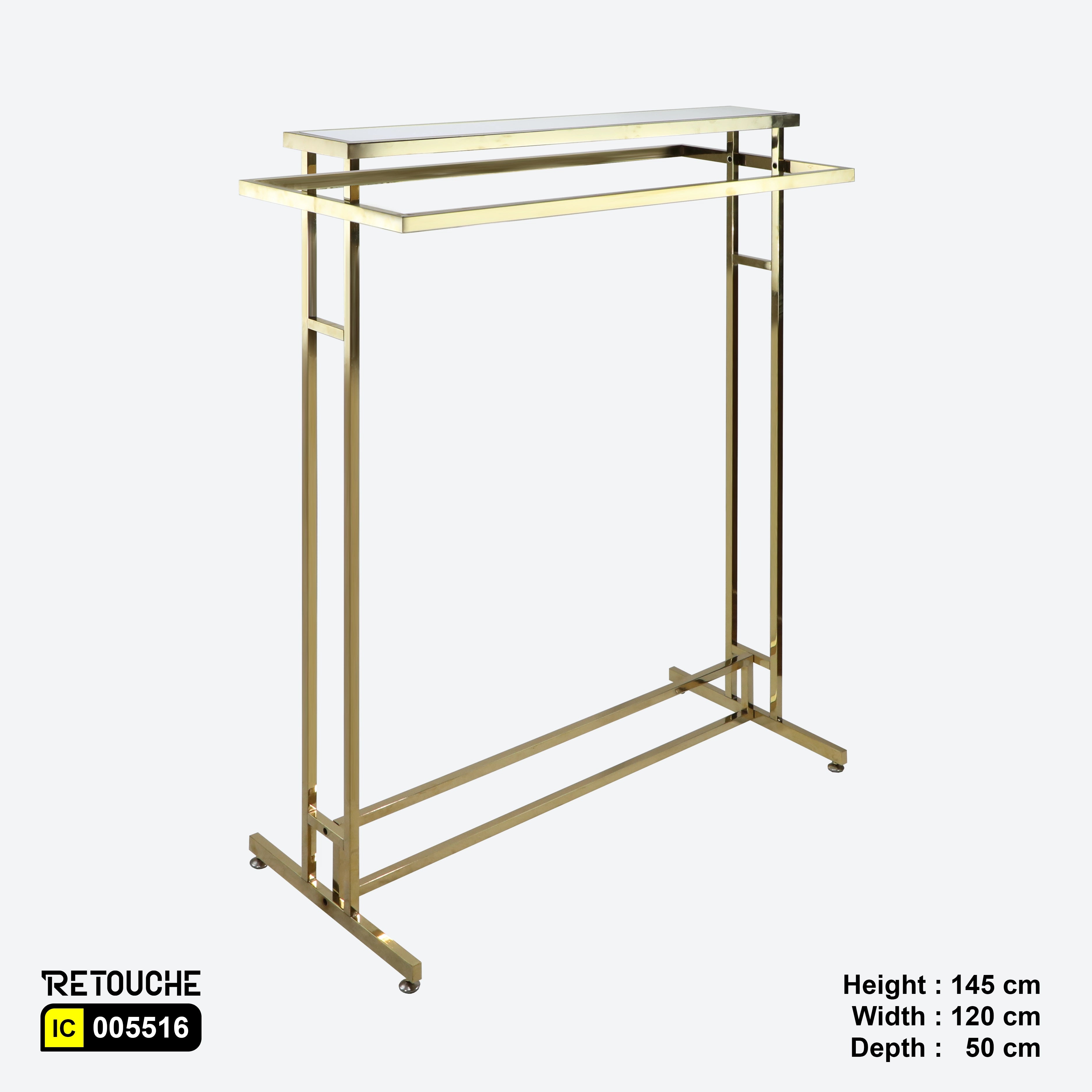 Metal Garment Clothes Rack Stand, Double Rail, Wooden Shelf on Top, Gold Color