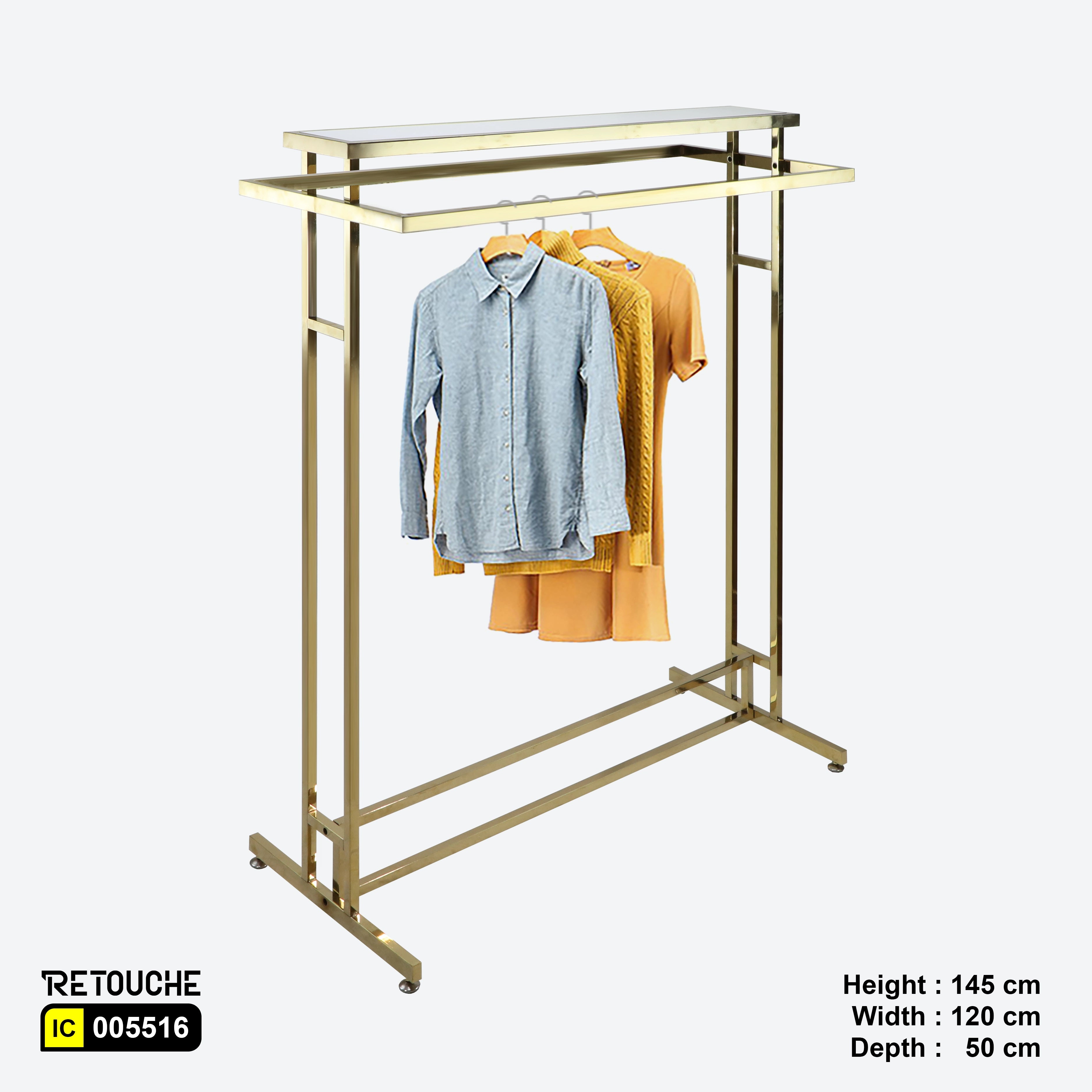 Metal Garment Clothes Rack Stand, Double Rail, Wooden Shelf on Top, Gold Color