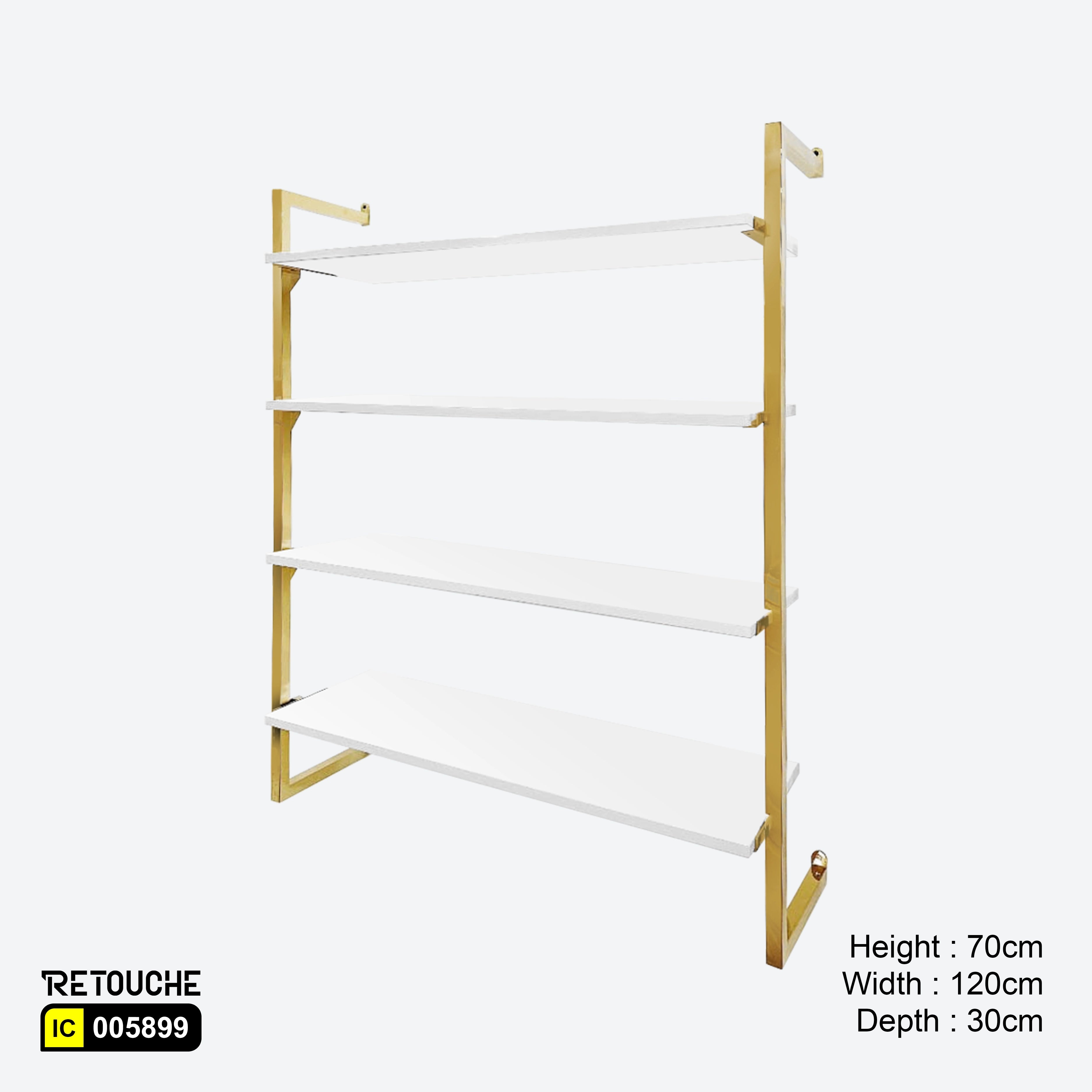 Wall-Mounted Display, Metal, Gold Stainless Steel with 4 White MDF Shelves