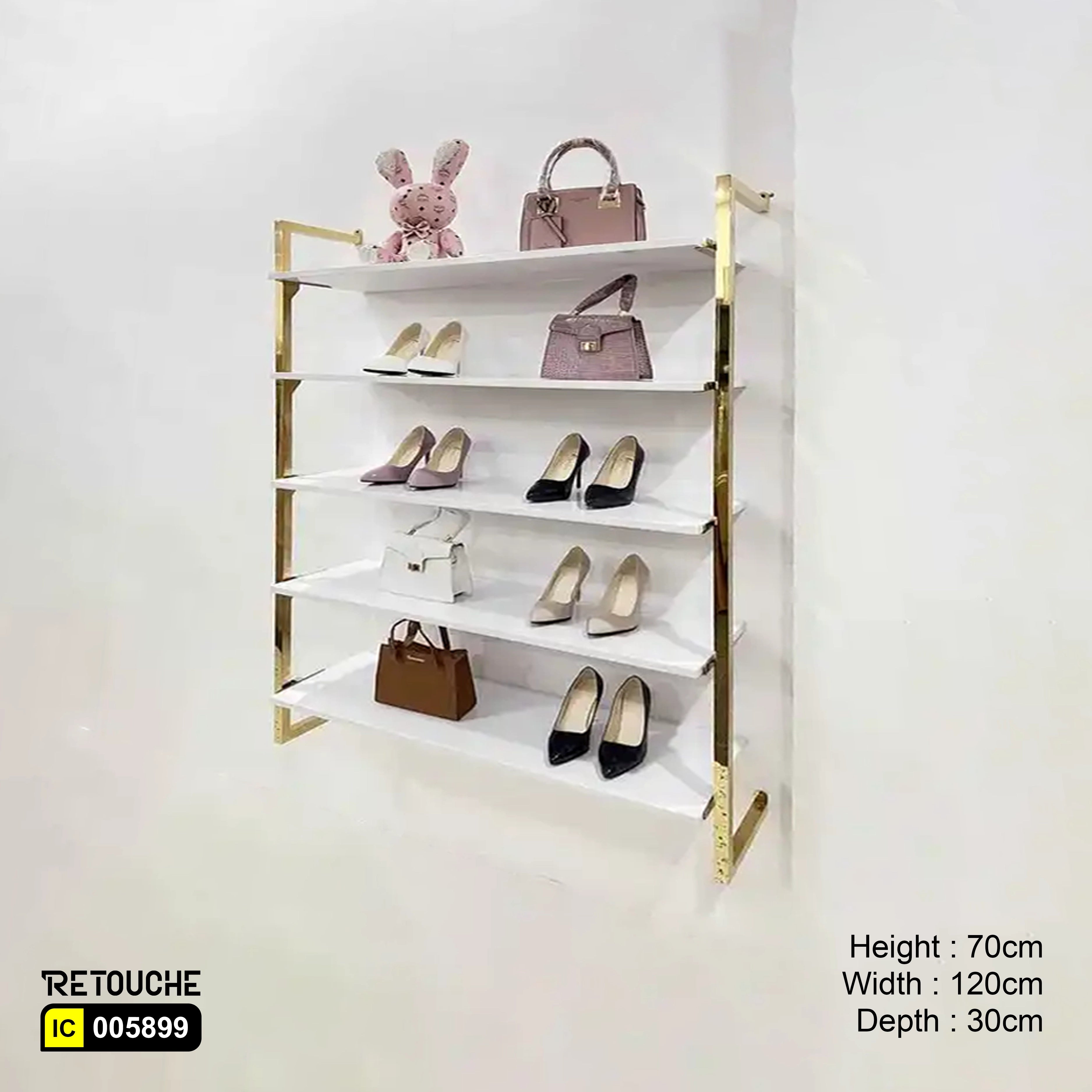 Wall-Mounted Display, Metal, Gold Stainless Steel with 4 White MDF Shelves