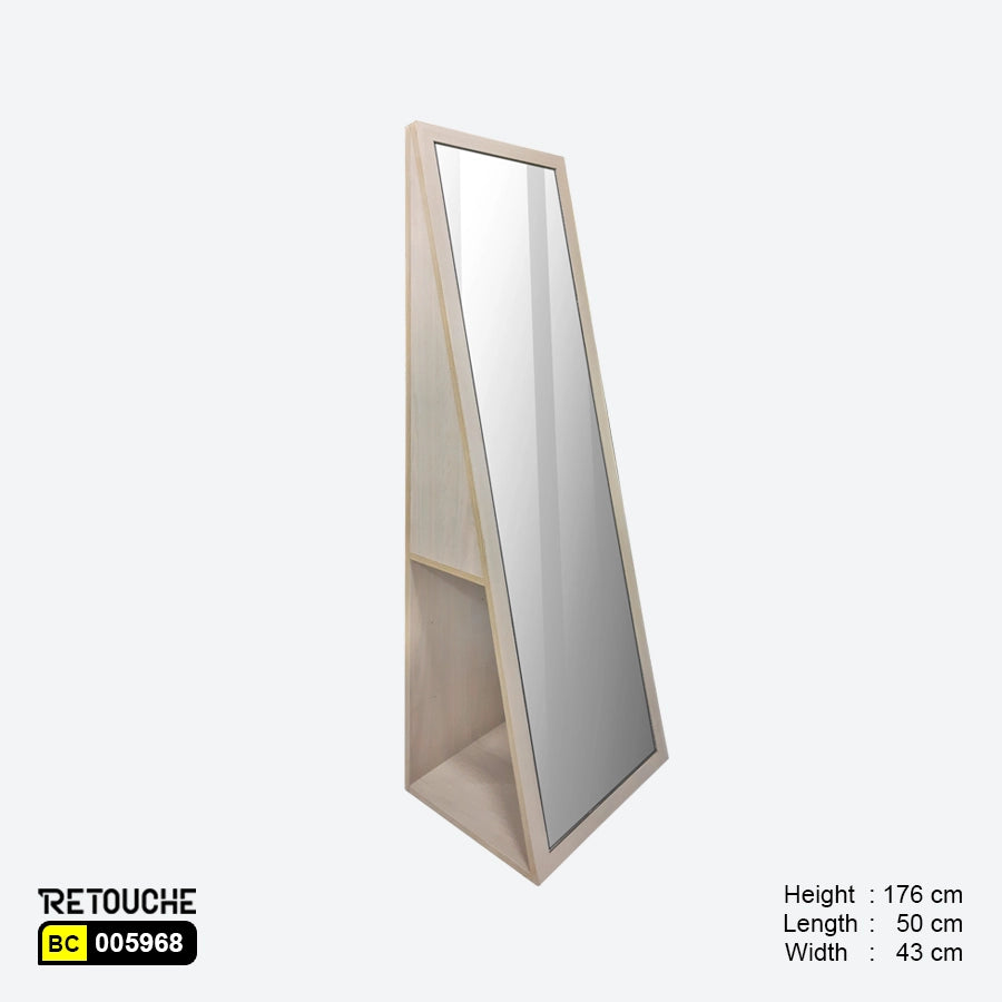 Floor Standing Mirror, Beige MDF Wood, with Bottom Storage