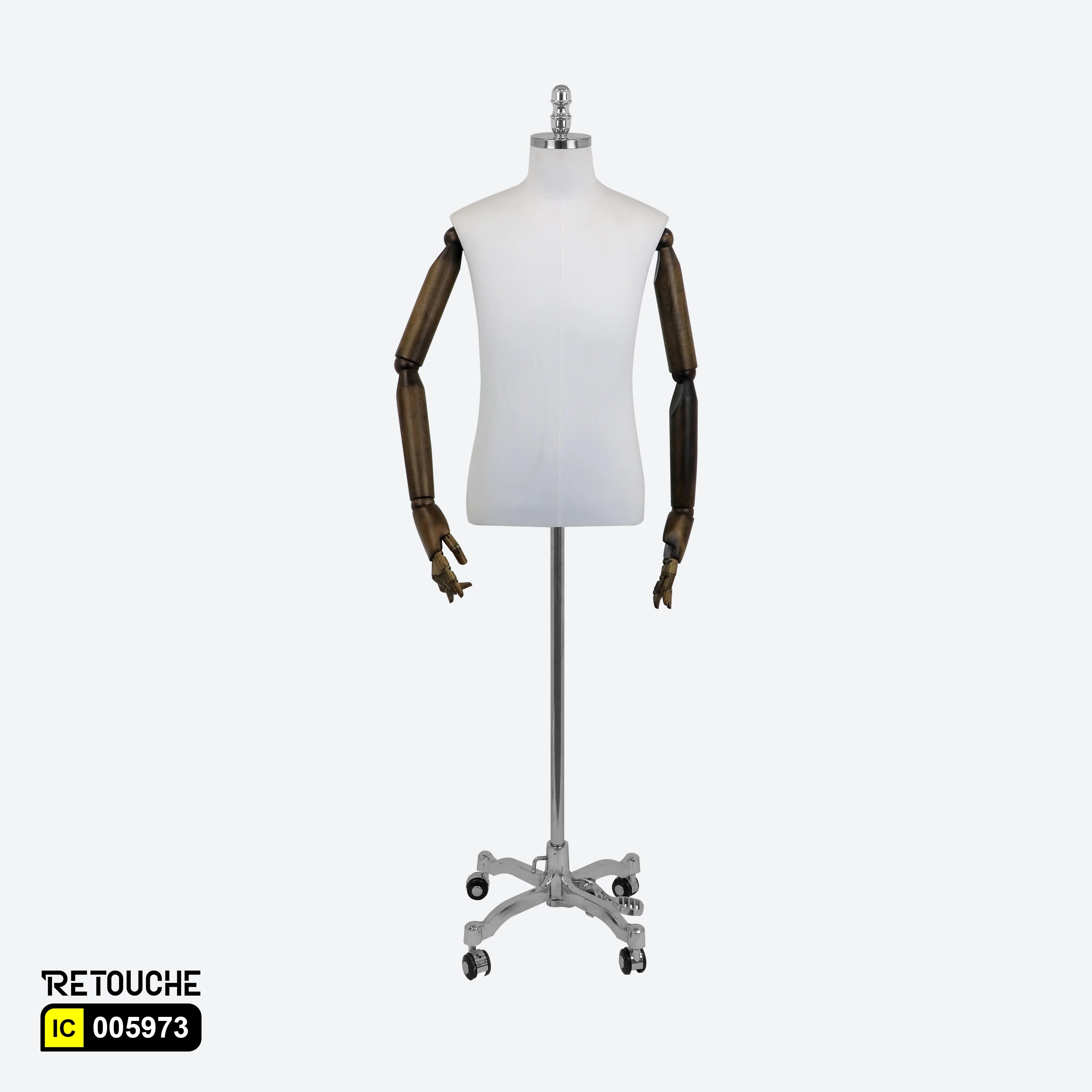 Male Mannequin, Torso, Headless, with Wooden Arms, Height- Adjustable, Beige