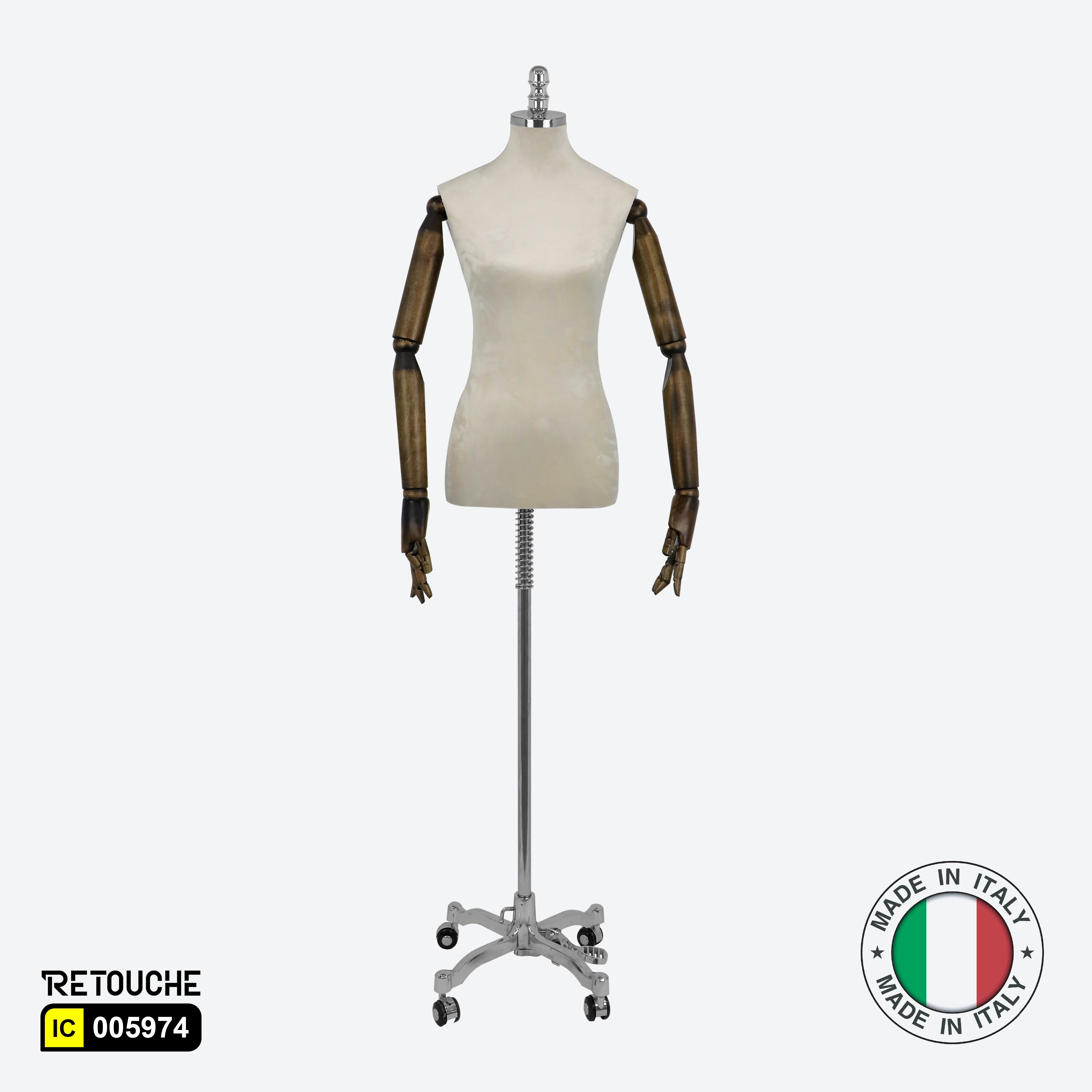 Female Mannequin, Torso, Headless, with Wooden Arms, Height- Adjustable, Beige
