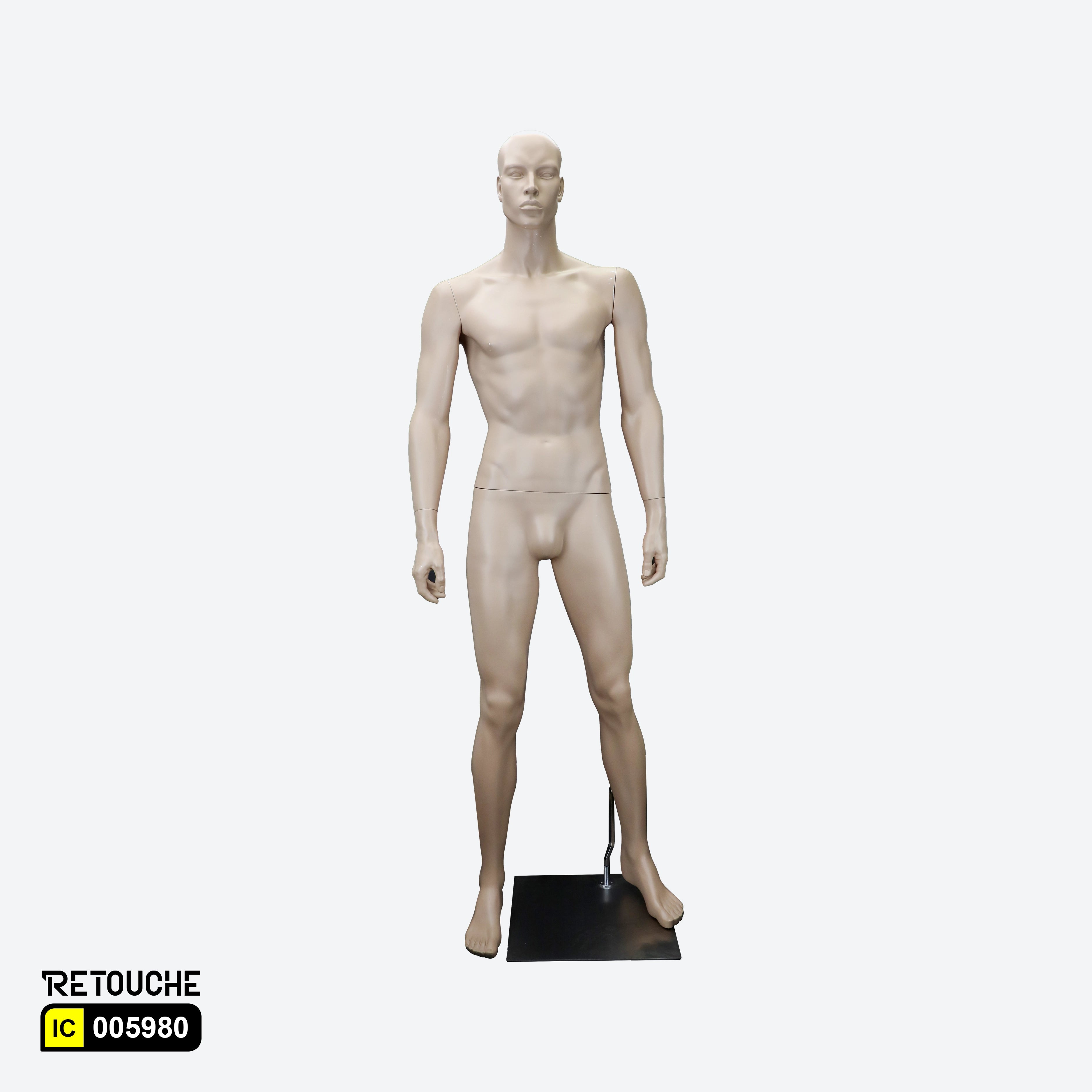 Male Mannequin, Full Body, Facial Features, Skin Color, with Metal Base