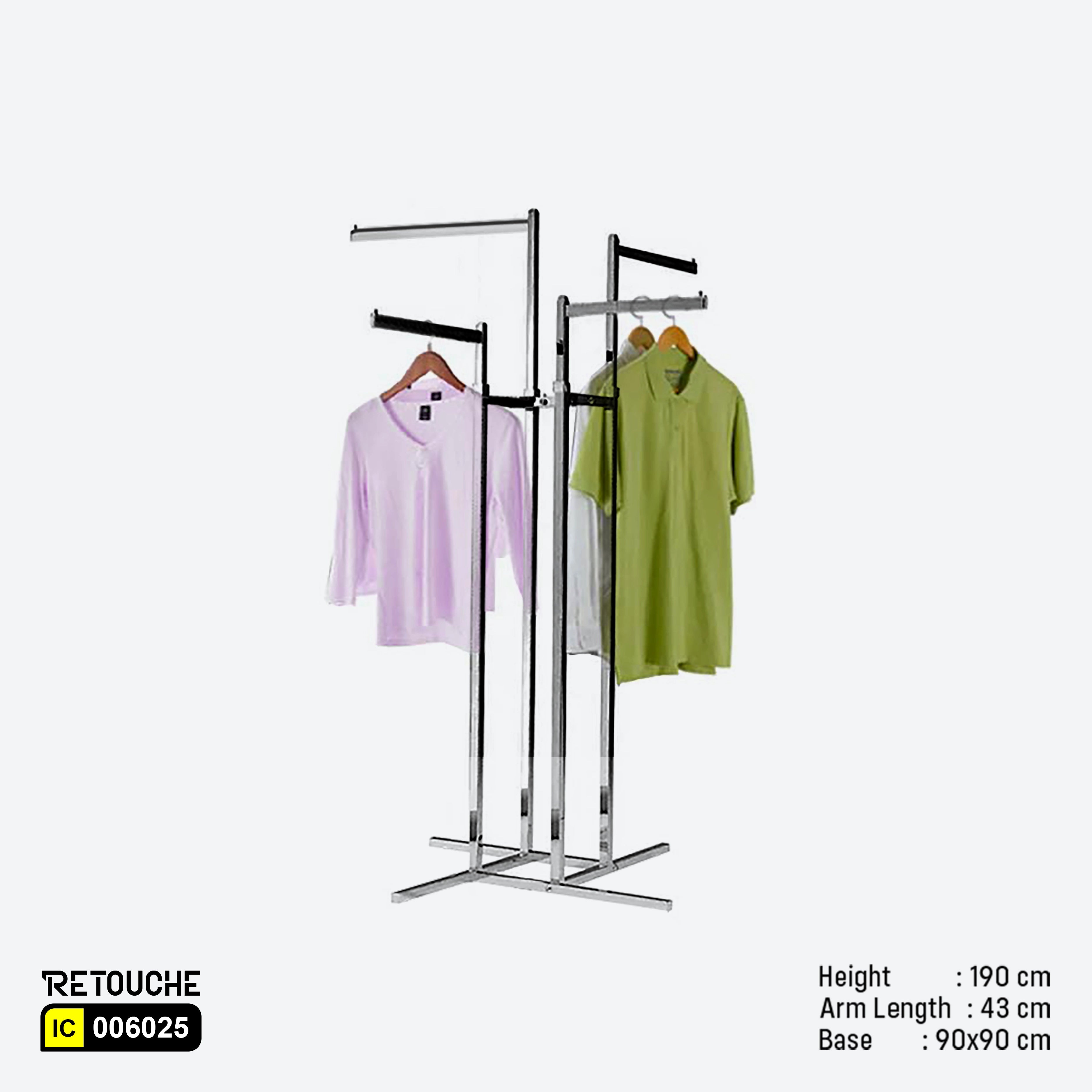 4-way rack, Chrome clothes rack
Clothes display rack, Retail display rack
Straight arm rack, Heavy-duty clothes rack, Space-saving clothing rack
Clothes storage rack, Stylish display rack, 4-arm clothes rack