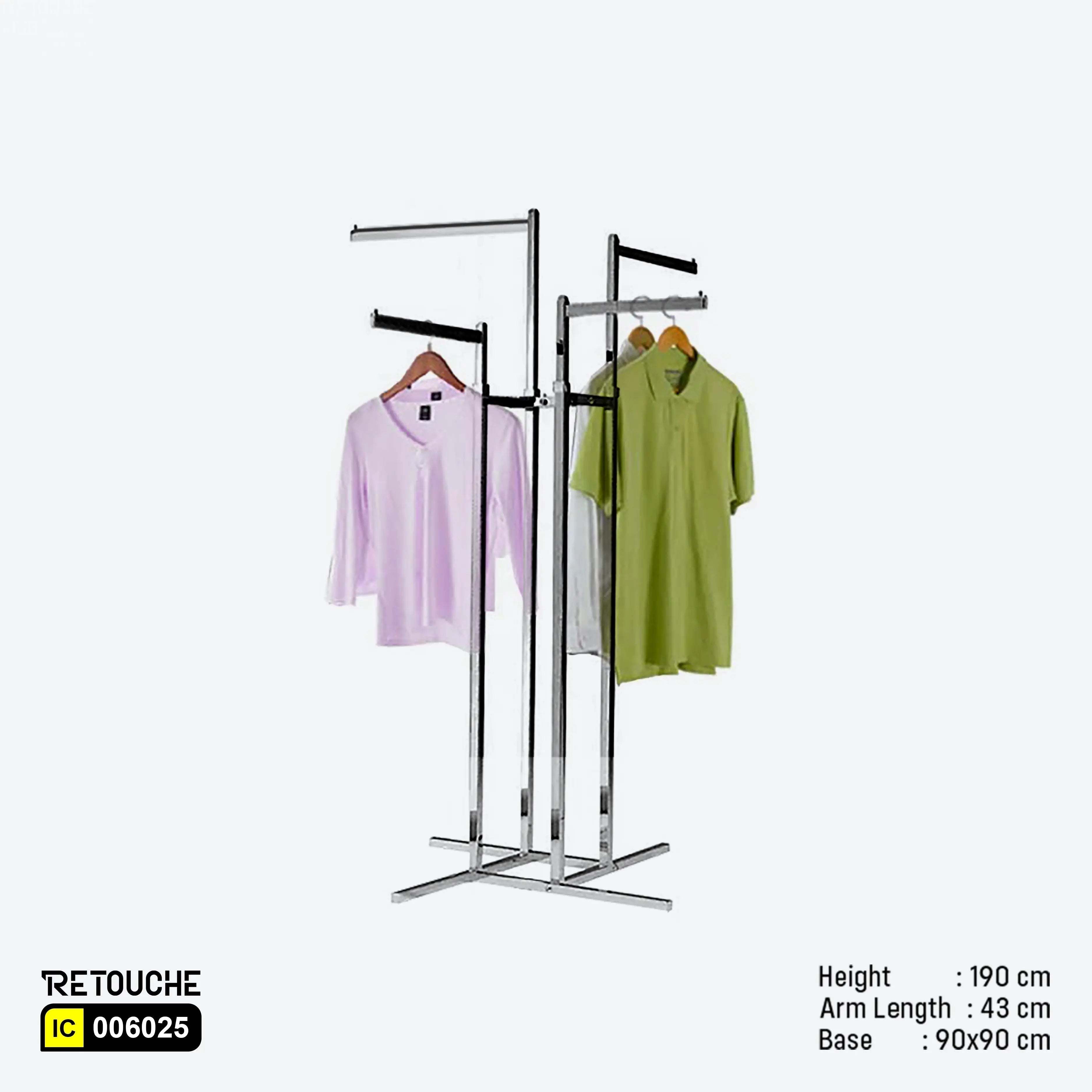 4-way rack, Chrome clothes rack
Clothes display rack, Retail display rack
Straight arm rack, Heavy-duty clothes rack, Space-saving clothing rack
Clothes storage rack, Stylish display rack, 4-arm clothes rack
