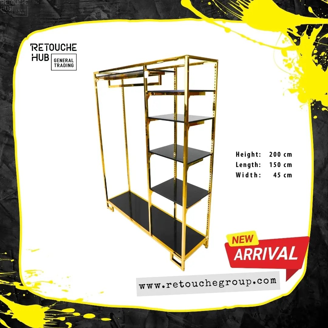 Clothes Stand | Gold Metal Stand With Hanging Bar With  Black Shelf | Modern & Durable Retouche Hub General Trading L.L.C