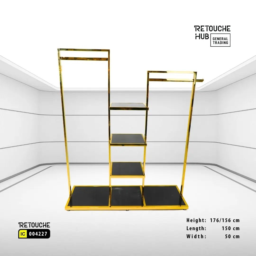 Clothes Stand | Gold Metal with  Black Shelf | Modern & Durable Retouche Hub General Trading L.L.C