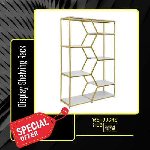 Display Shelving Rack, White MDF Shelves, Gold Stainless Steel Retouche Hub General Trading L.L.C