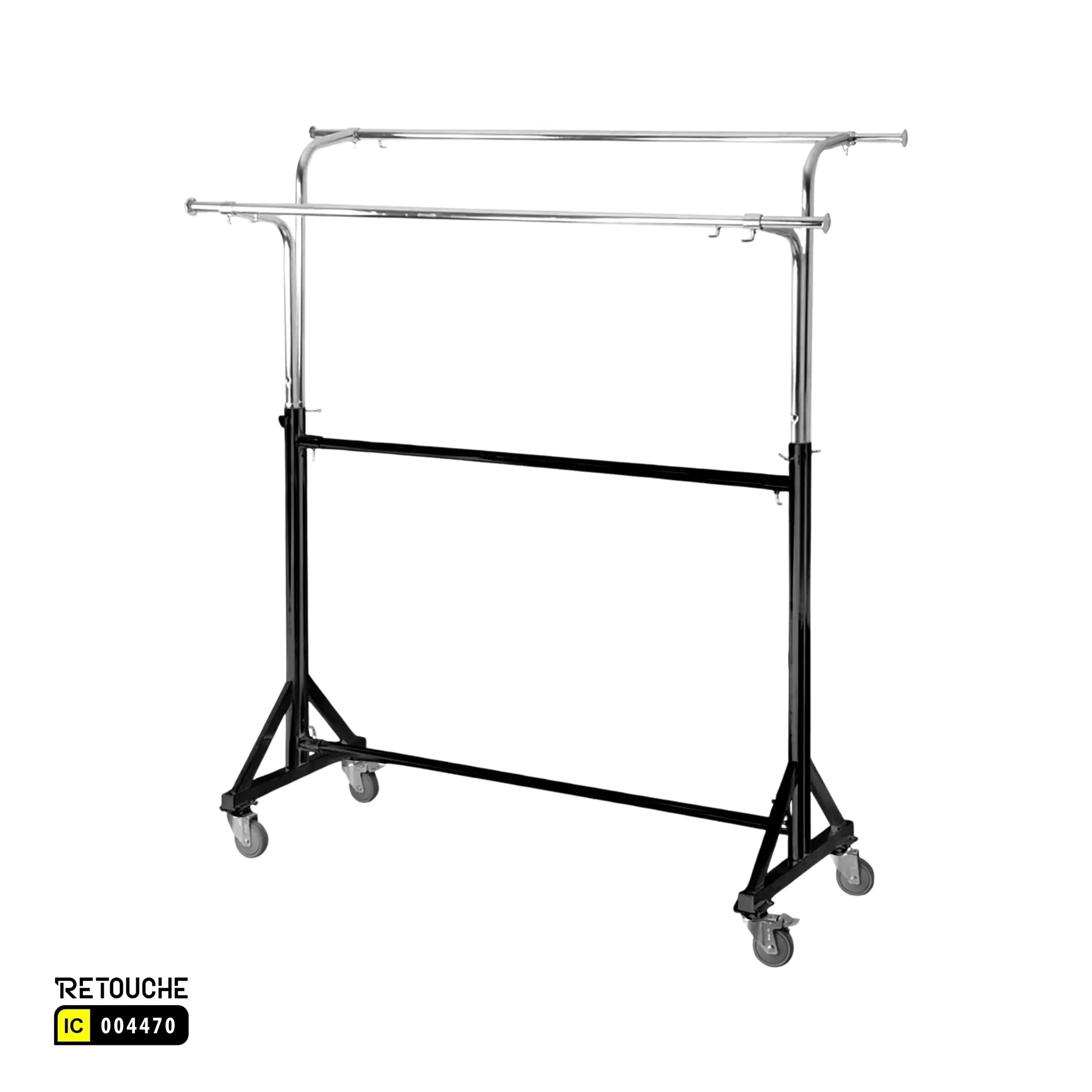 Garment Clothes Stand, Double Rails, Adjustable, Full Chrome, With Wheels Retouche Hub General Trading L.L.C