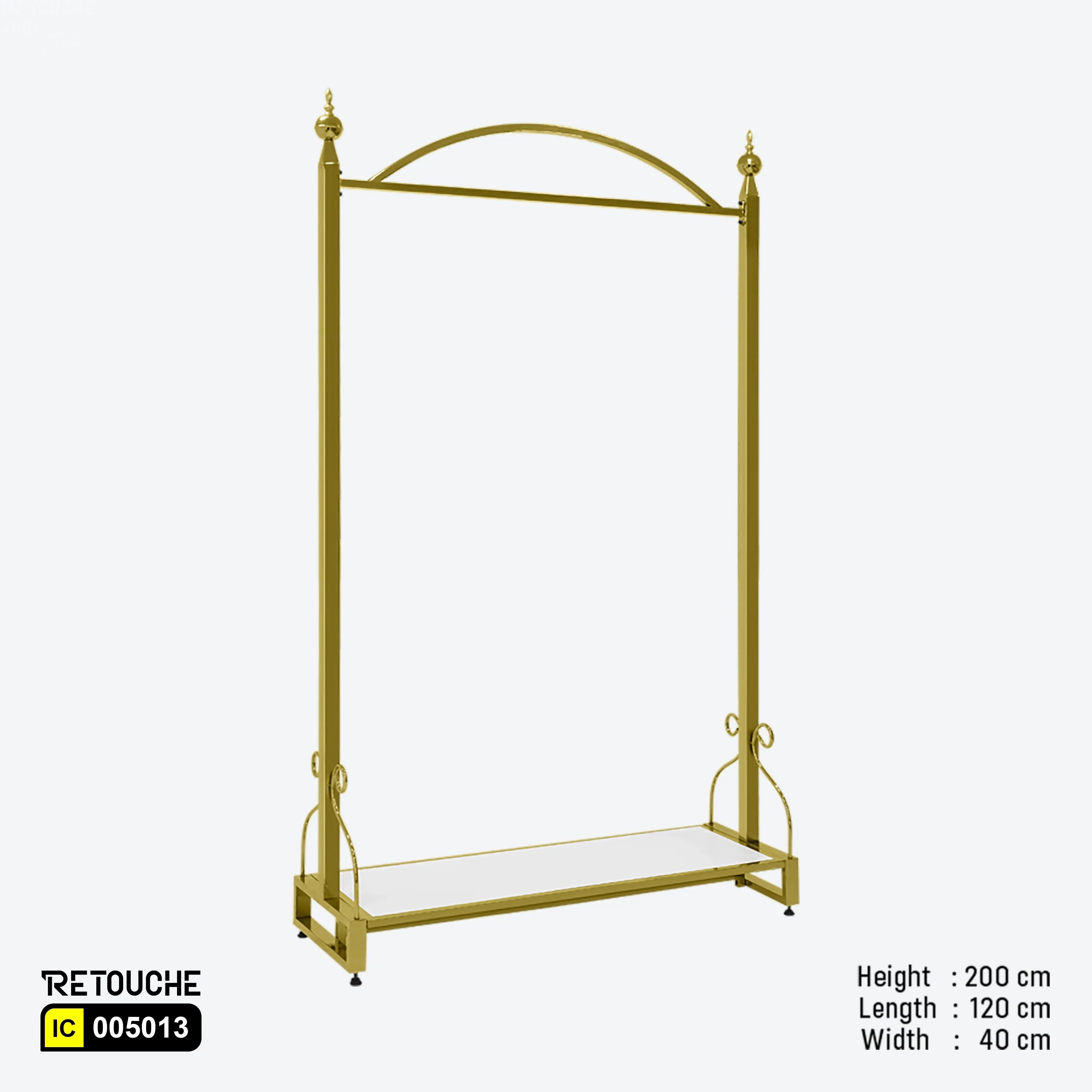 Metal garment clothes hanging stand, Gold metal frame clothes rack
White wood shelf garment stand, Stylish wardrobe organizer stand
Durable garment display rack, Modern clothes rack with shelf
Elegant storage solution for garments, Luxurious hanging stand for clothes, Versatile garment stand for home and retail, Sleek gold frame clothes organizer