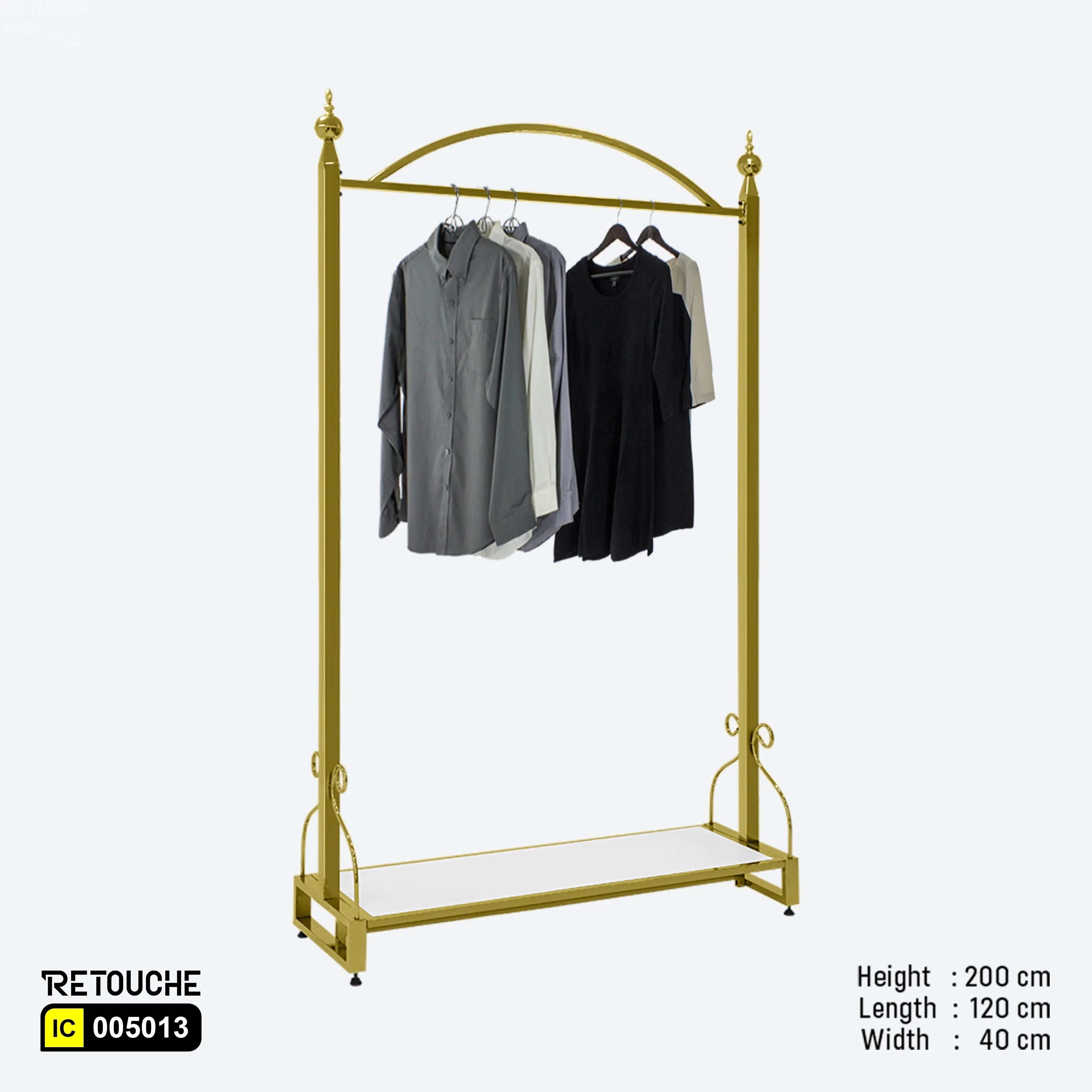 Metal garment clothes hanging stand, Gold metal frame clothes rack
White wood shelf garment stand, Stylish wardrobe organizer stand
Durable garment display rack, Modern clothes rack with shelf
Elegant storage solution for garments, Luxurious hanging stand for clothes, Versatile garment stand for home and retail, Sleek gold frame clothes organizer