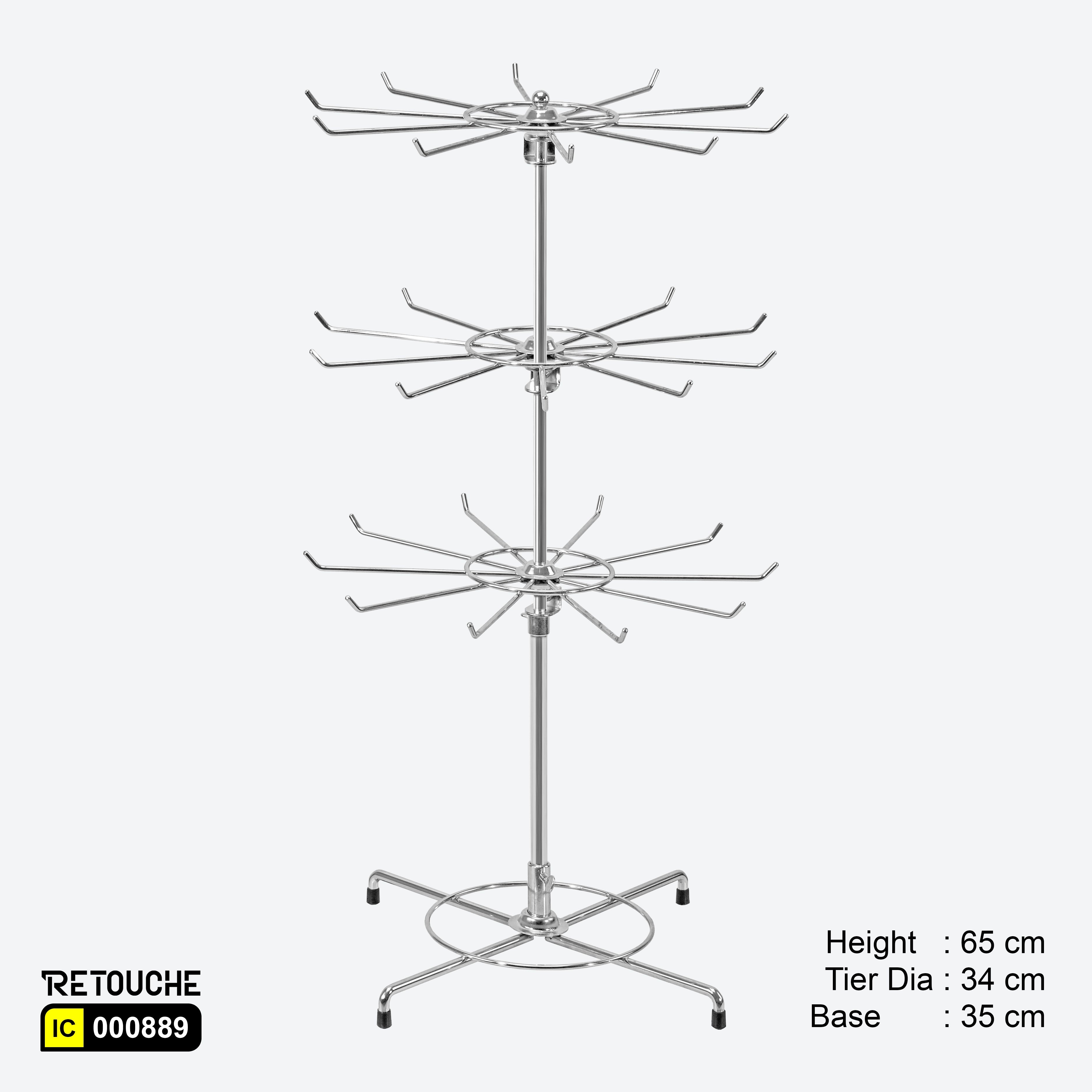 Spinner Display Rack Stand, 3-Tier with 30 Hooks, Countertop, Metal, Chrome