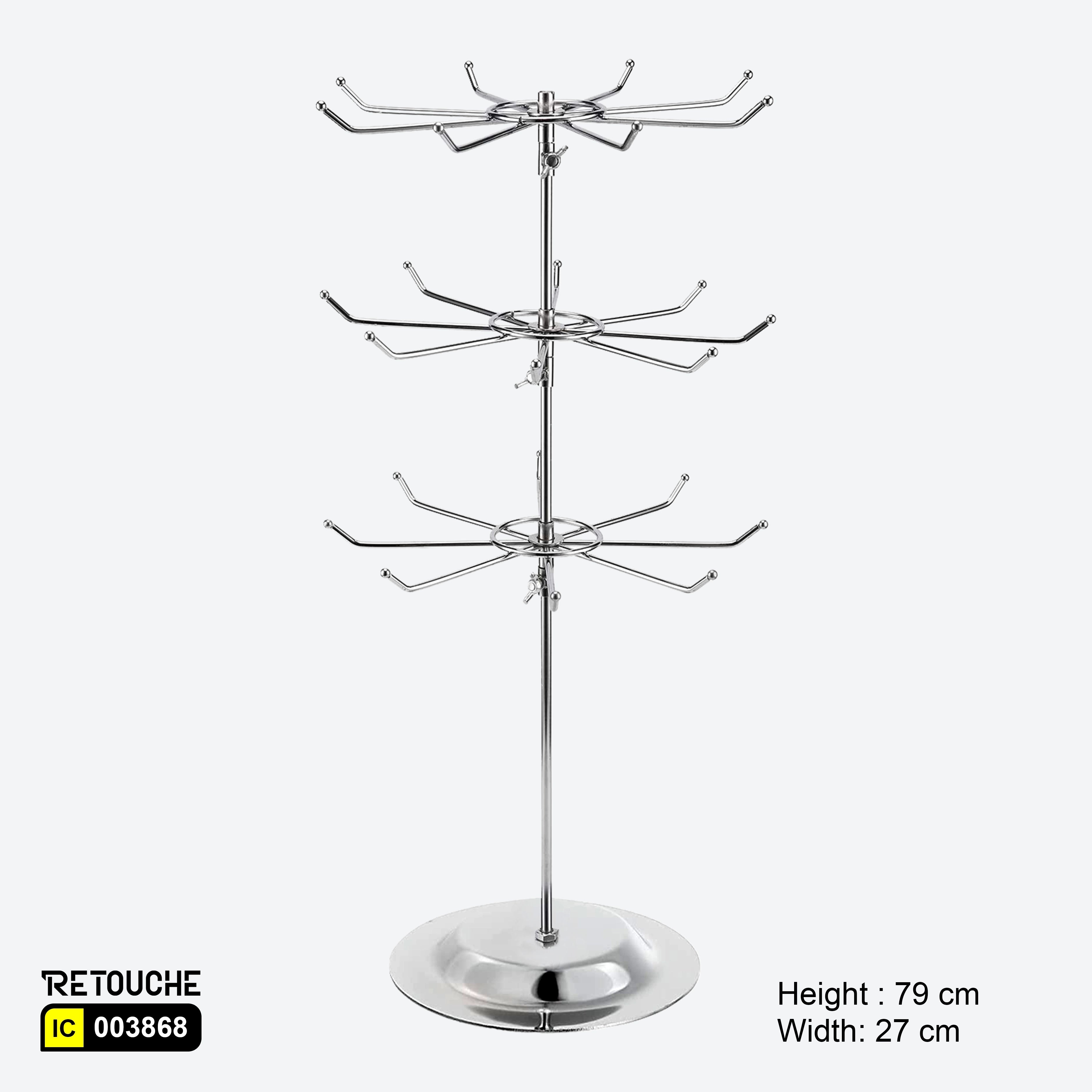 Spinner Display Rack Stand, 3-Tier with 24 Hooks, Countertop, Metal, Chr