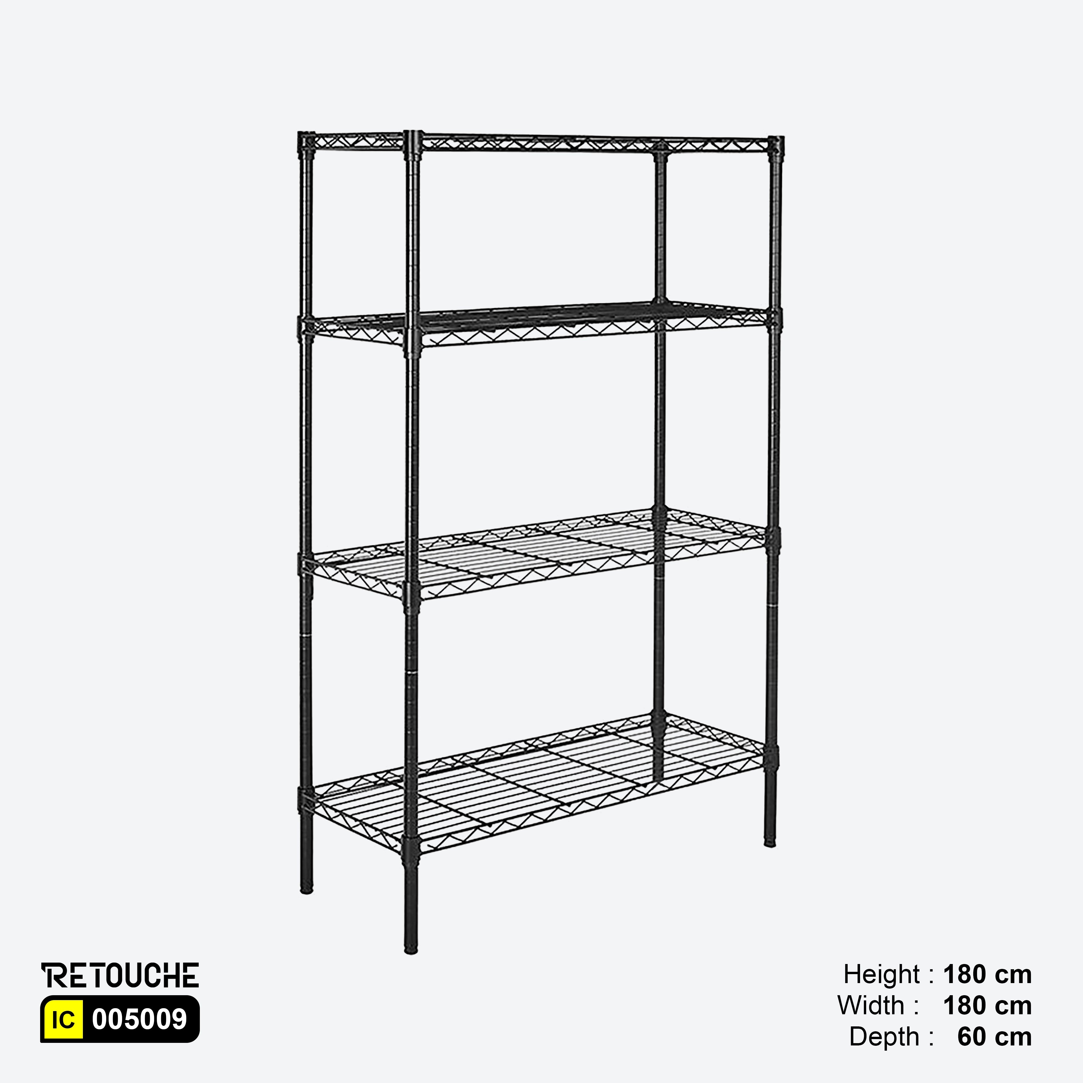 Wire Shelving Rack, 4-Tier, Carbon Steel, Black Epoxy Coated