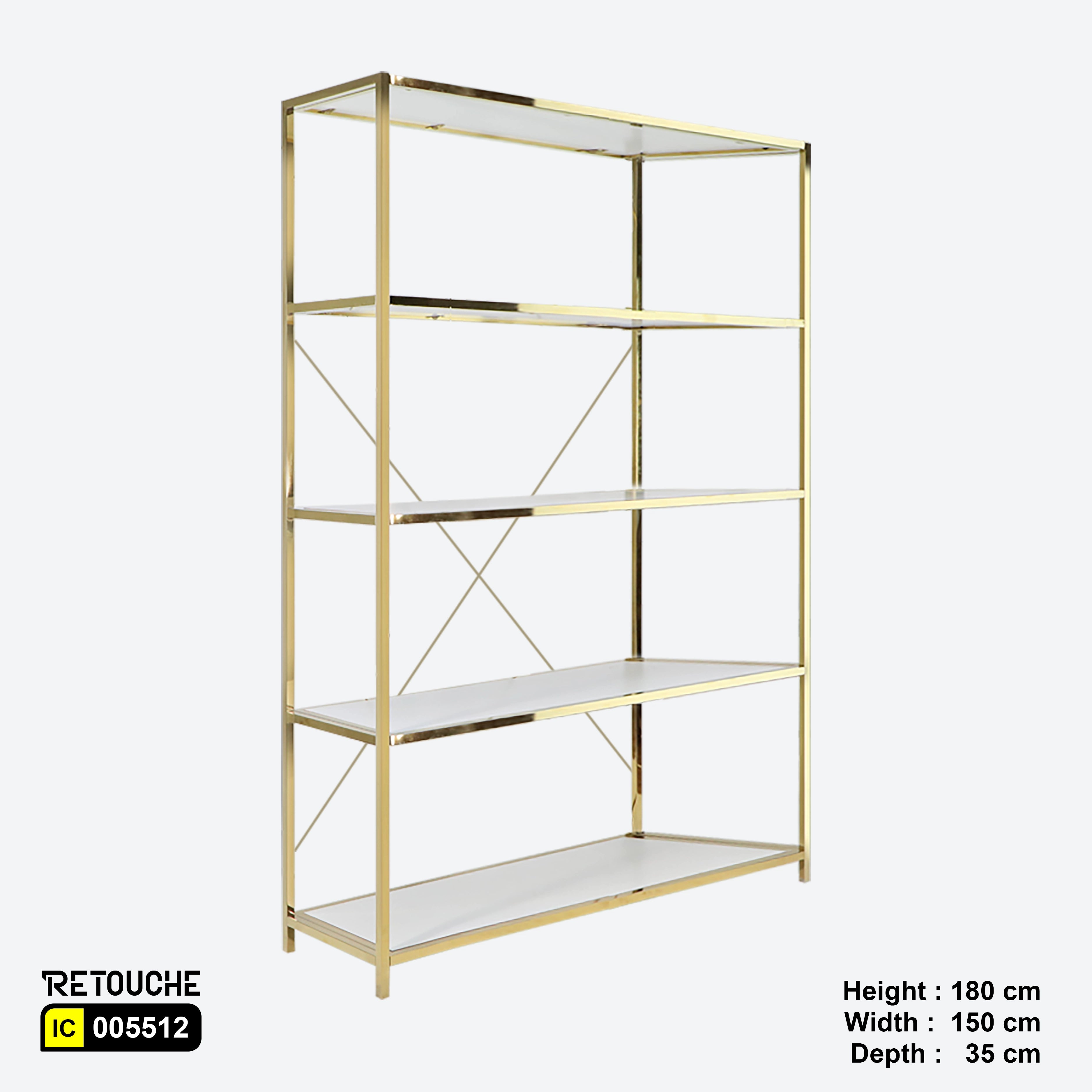 Metal Shelving Unit, 5 Tier, Gold Metal and White Wood Shelves