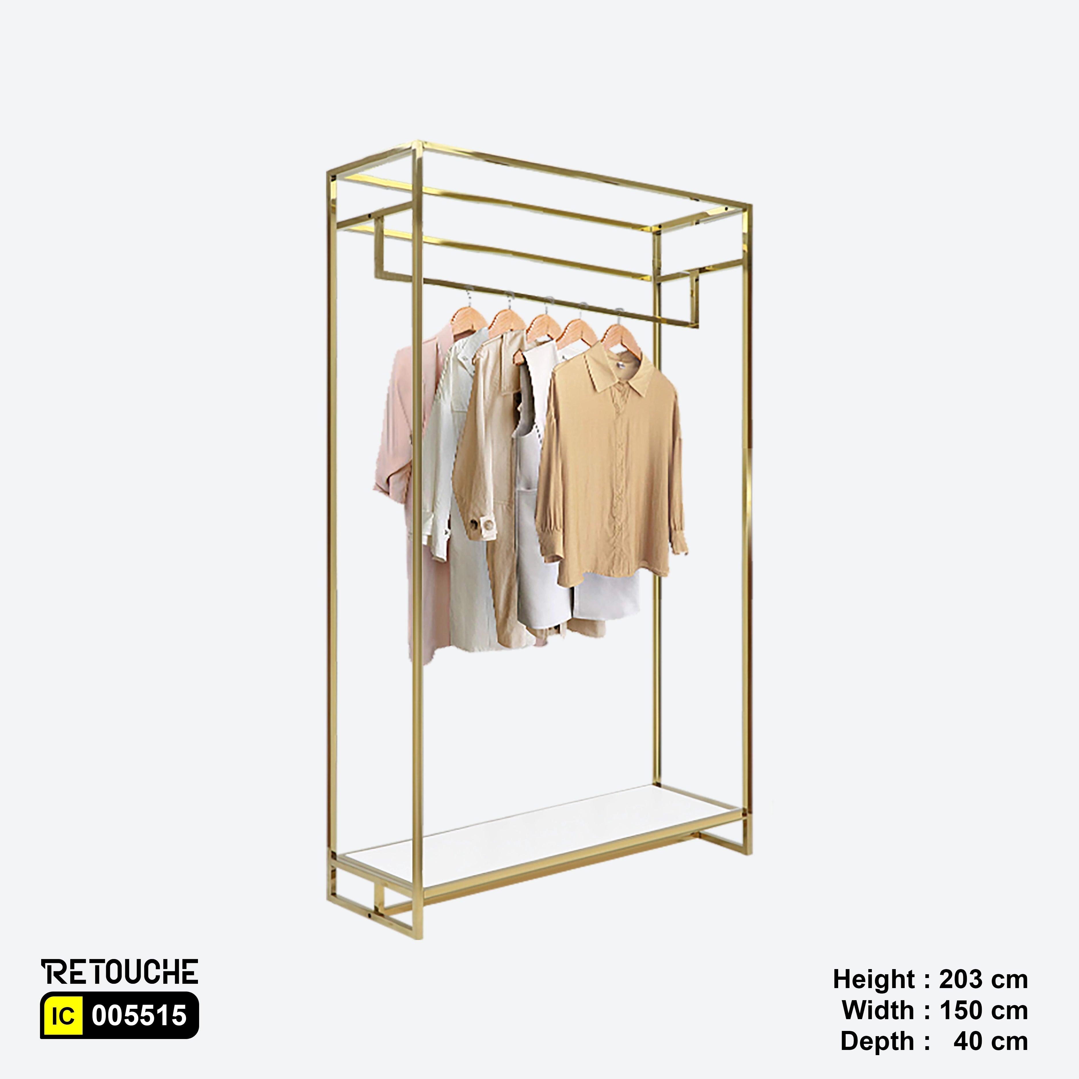 Metal Garment Clothes Rack Stand, Gold Metal Frame, White Wood Shelf