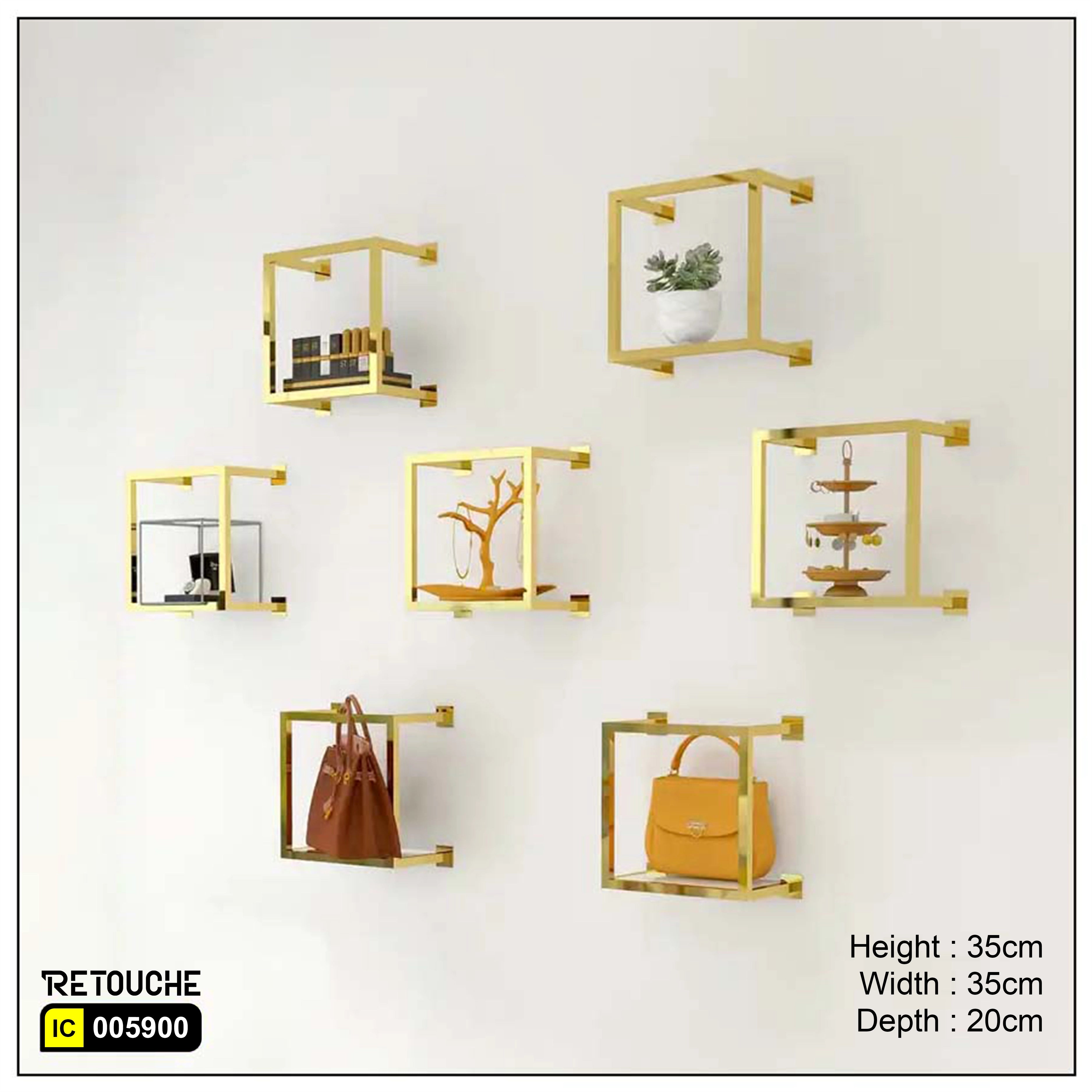 Wall-Mounted Display Shelf, Metal, Gold Stainless Steel with White MDF Shelf