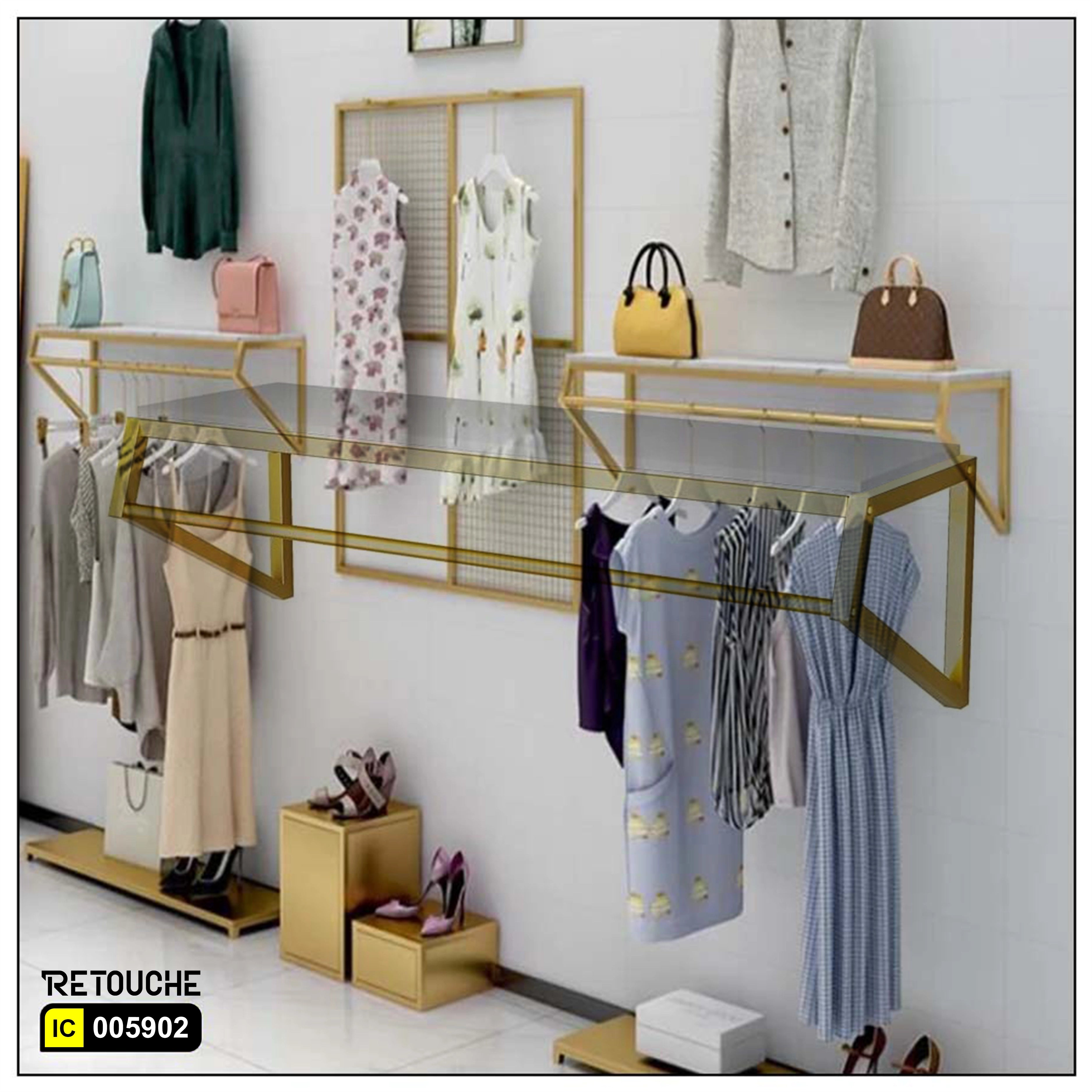 Wall-Mounted Display Rack, Metal, Gold Stainless Steel with White MDF Shelf