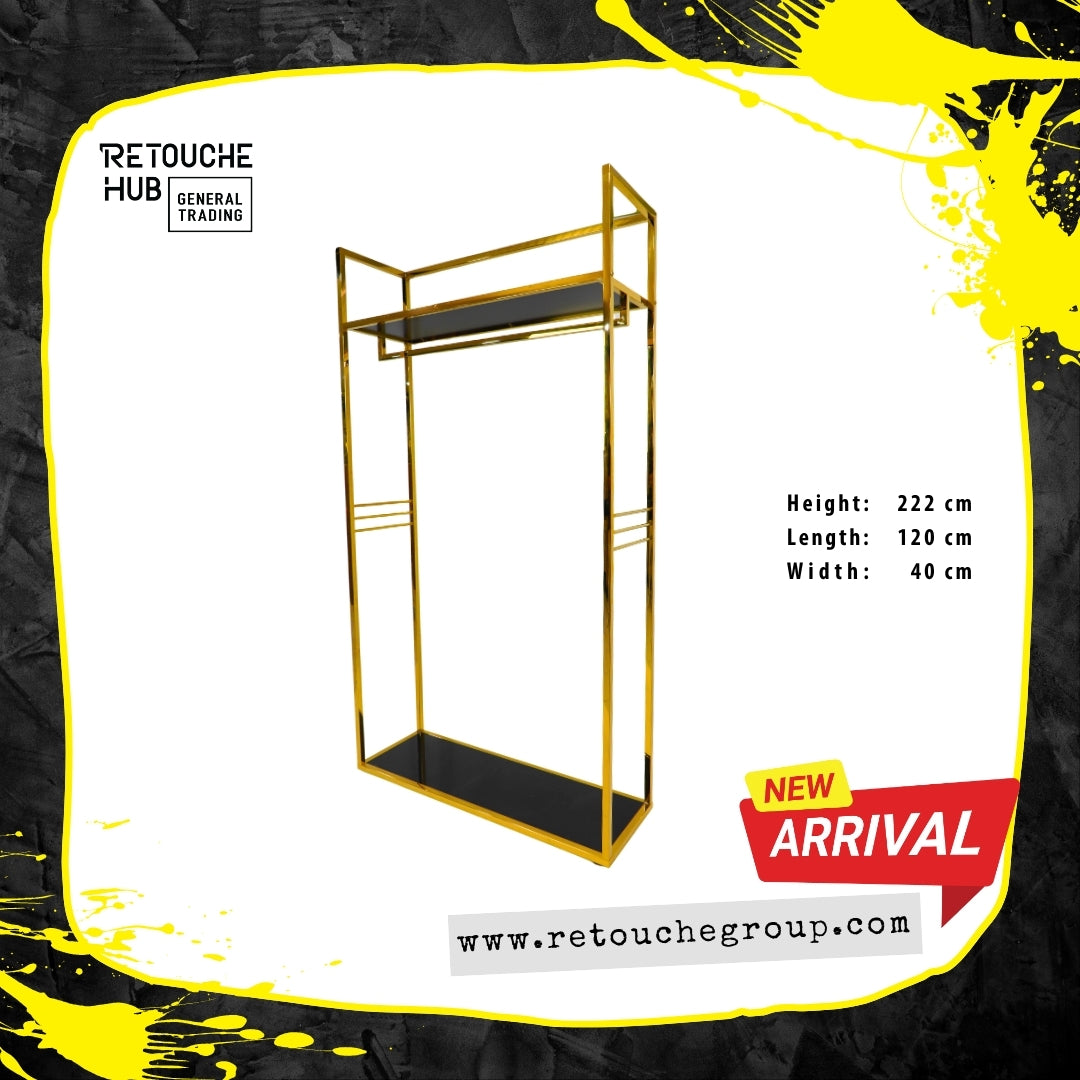 Clothes Stand | Gold Metal with Black Shelf | Modern & Durable