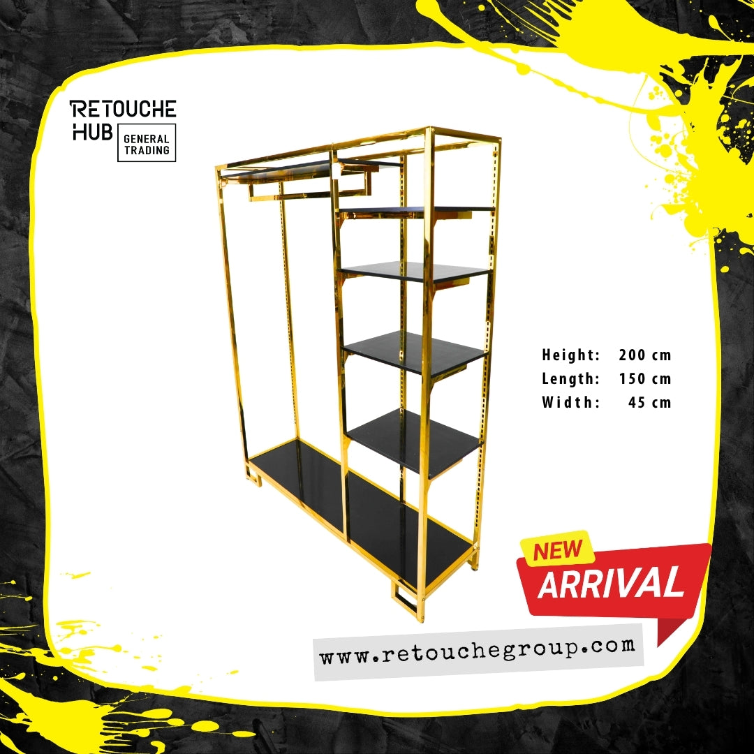 Clothes Stand | Gold Metal Stand With Hanging Bar With  Black Shelf | Modern & Durable