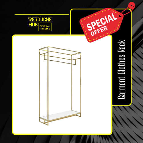 Metal Garment Clothes Rack Stand, Gold Metal Frame, White Wood Shelf Retouche Hub General Trading L.L.C