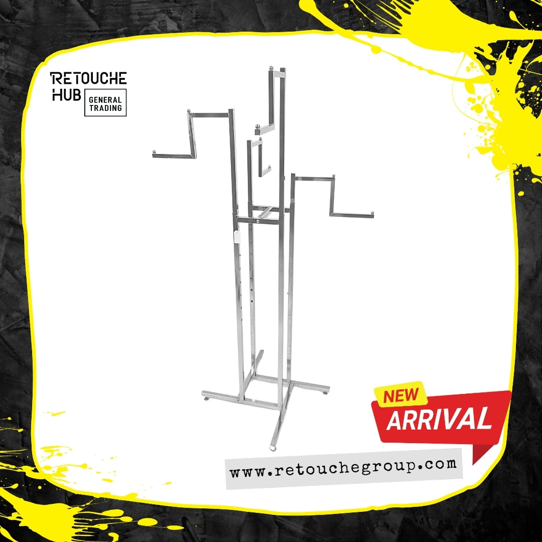Clothes Rack Stand, 4-Way, Straight Arms, Chrome Finish