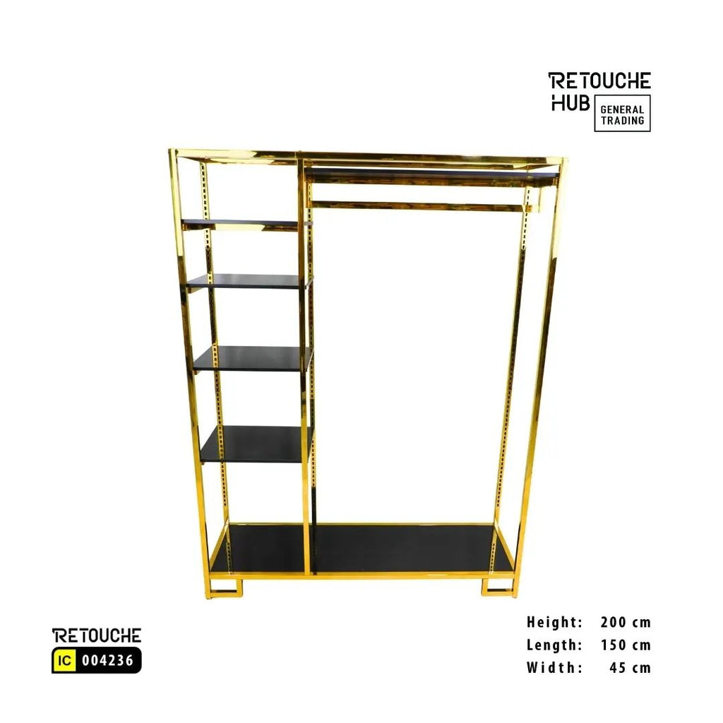 Clothes Stand | Gold Metal Stand With Hanging Bar With  Black Shelf | Modern & Durable Retouche Hub General Trading L.L.C