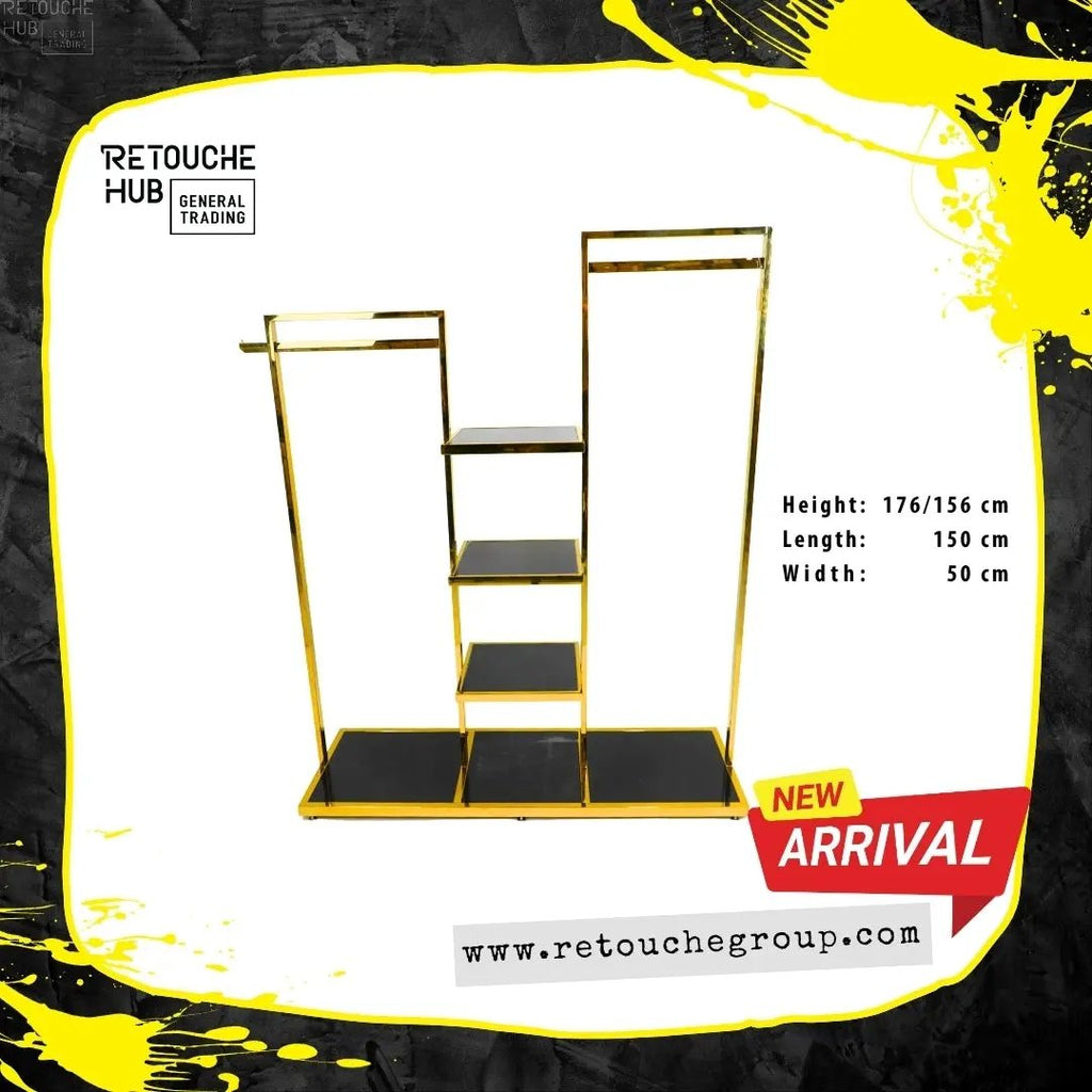 Clothes Stand | Gold Metal with  Black Shelf | Modern & Durable Retouche Hub General Trading L.L.C