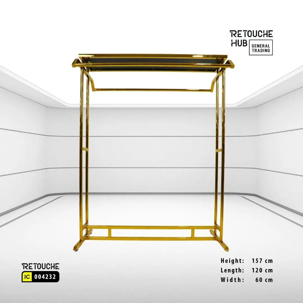 Clothes Stand | Gold Metal with Top Black Shelf | Modern & Durable Retouche Hub General Trading L.L.C