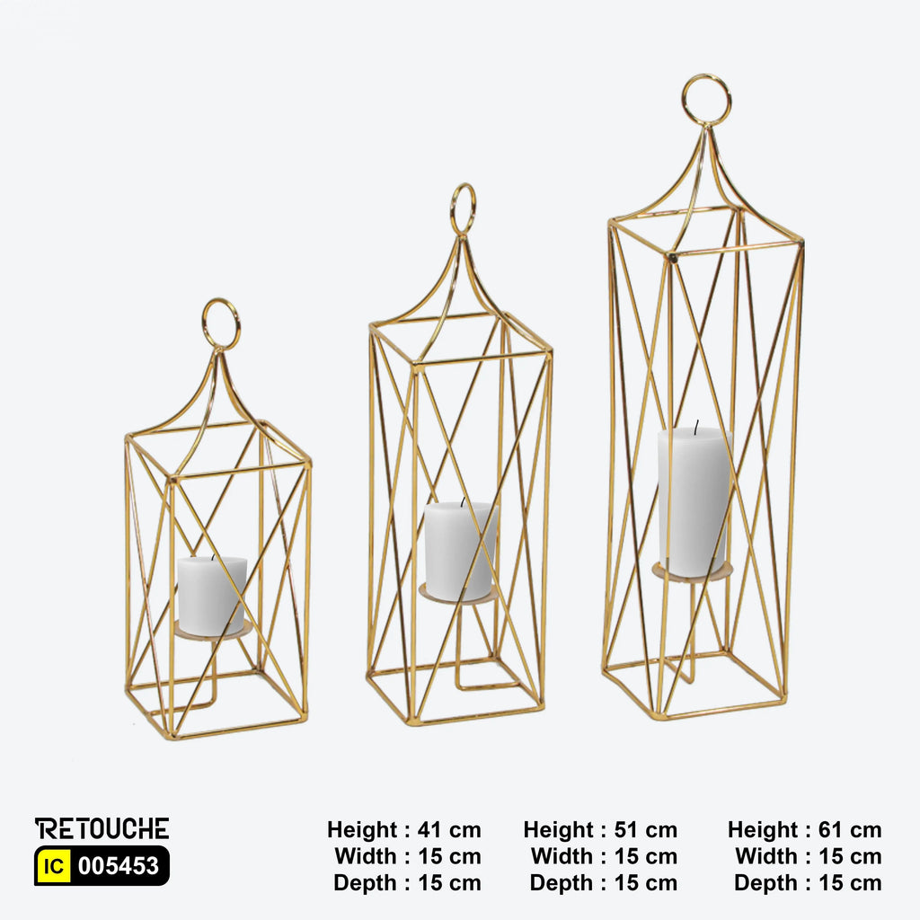 Decorative lantern set, Gold metal candle lanterns, Indoor and outdoor lanterns, Elegant home décor accents, Lanterns with candle holders
Modern decorative lantern set, Durable metal lanterns, Tabletop and hanging lanterns, Set of 3 gold lanterns, Stylish candle lanterns