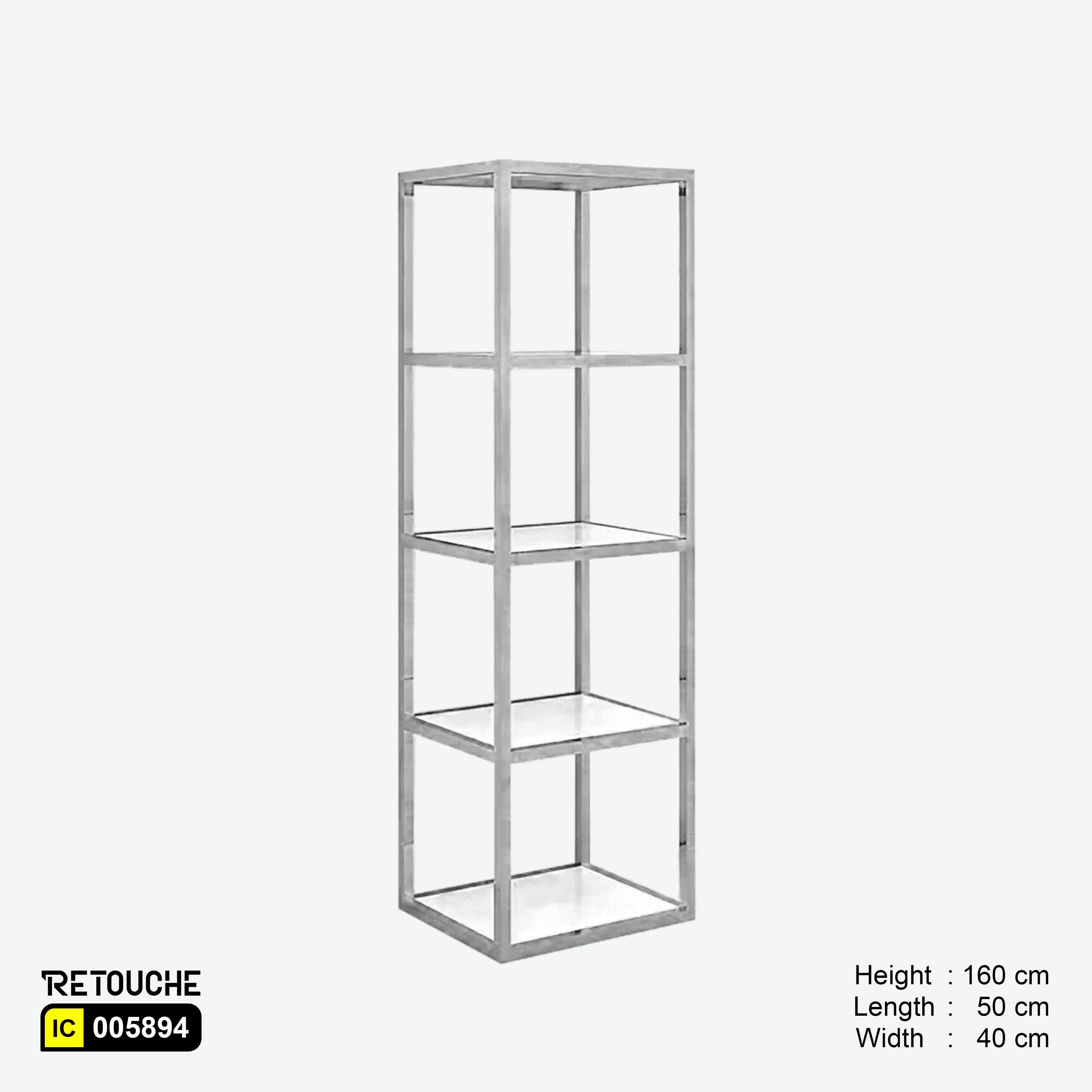 Freestanding Metal Display, Stainless Steel, 5 White MDF Tiers Shelving Systems