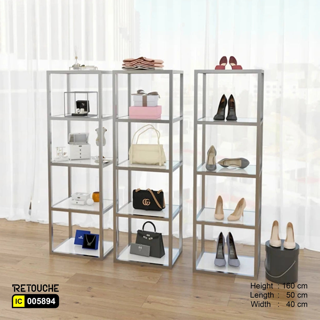 Freestanding Metal Display, Stainless Steel, 5 White MDF Tiers Shelving Systems