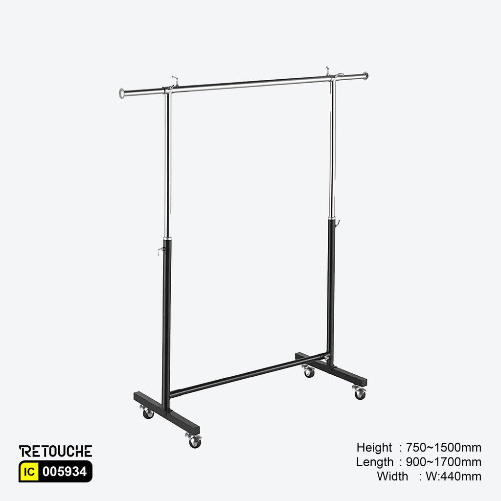 Garment Clothes Rack Stand, Adjustable, Chrome + Black, with Wheels Clothes Stands
