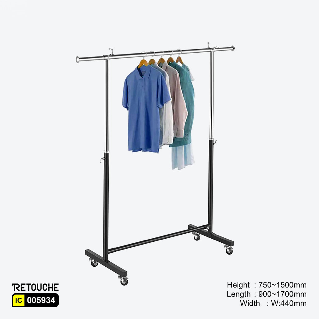 Garment Clothes Rack Stand, Adjustable, Chrome + Black, with Wheels Clothes Stands