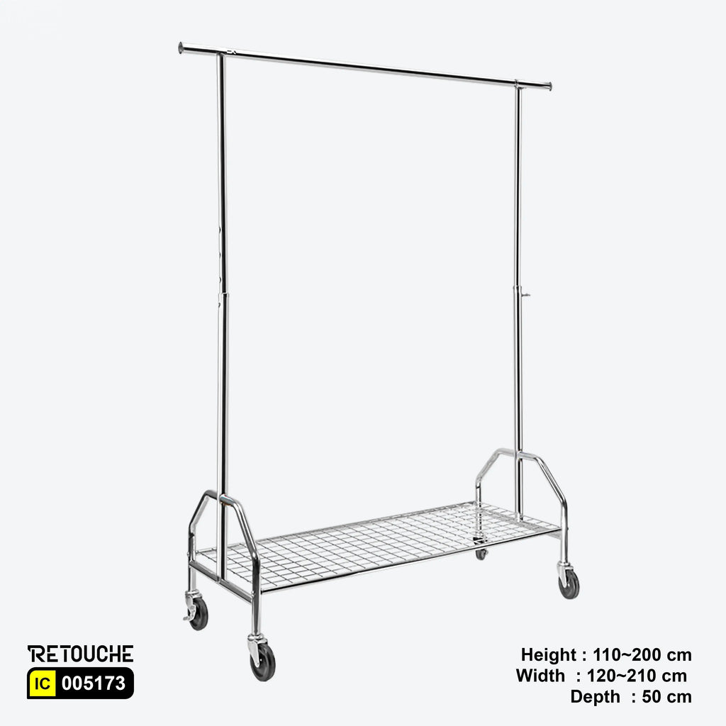 Garment Clothes Rack Stand, Adjustable, Full Chrom, Wheels & Bottom Grid Shelf Clothes Stands