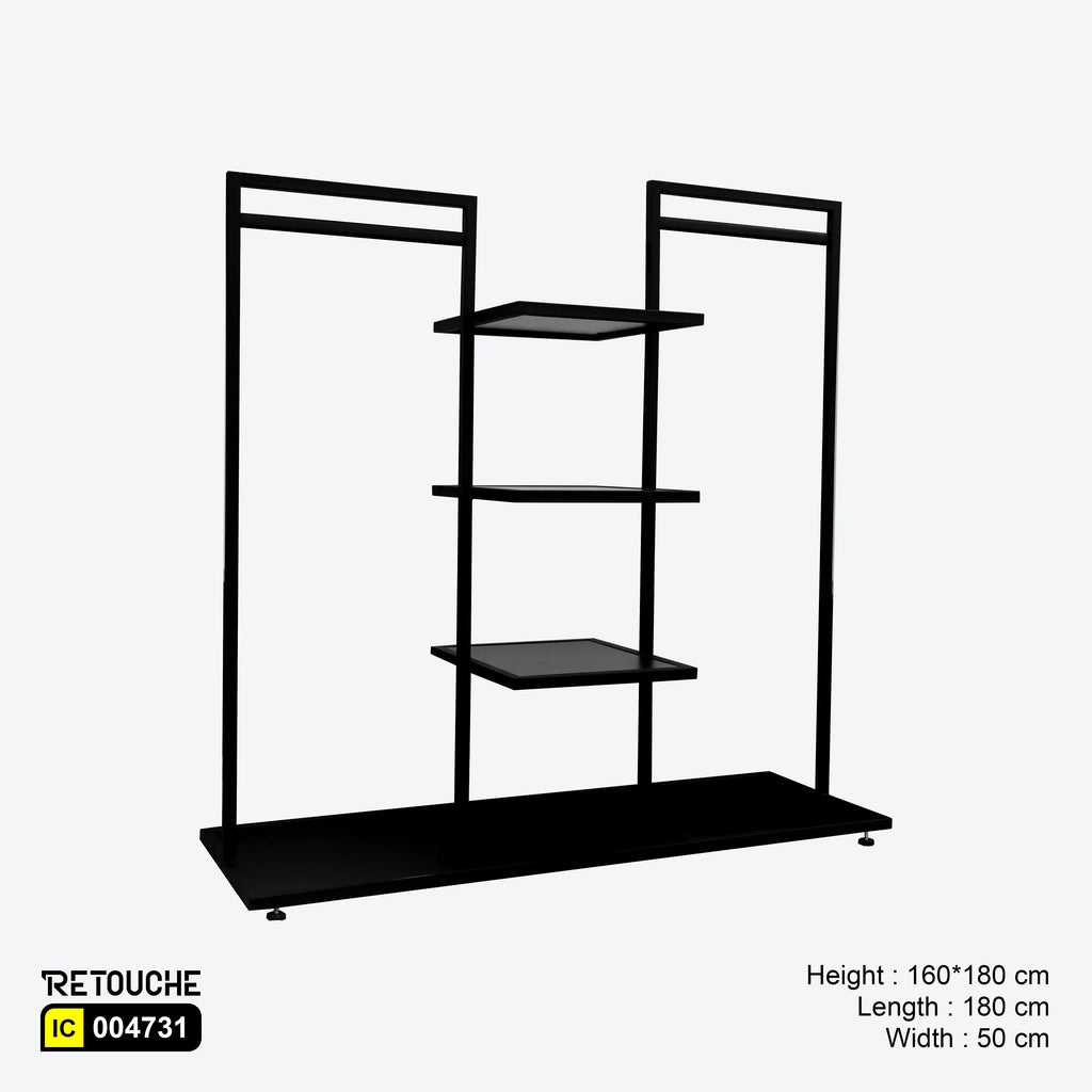 MS Stand Black W/ 3 Mdf Shelf Double Side Hanging Clothes Stands