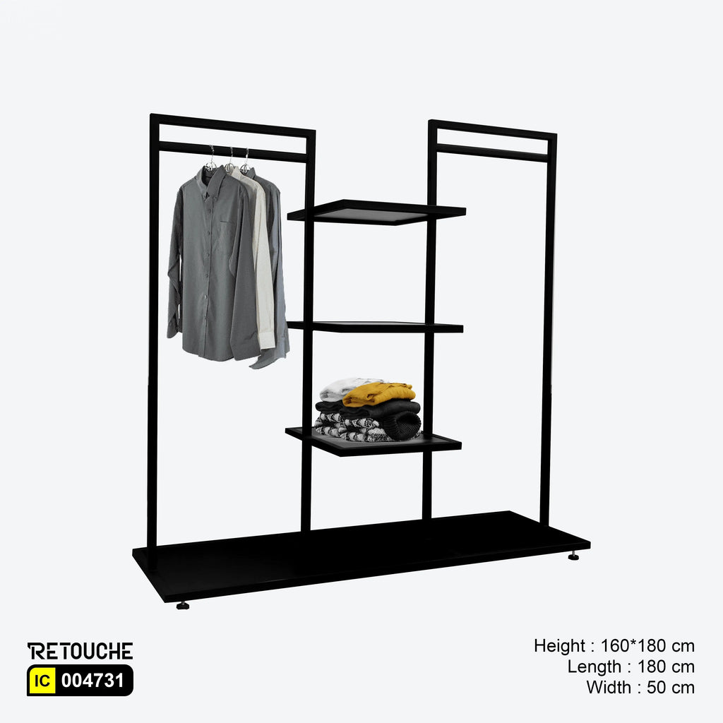 MS Stand Black W/ 3 Mdf Shelf Double Side Hanging Clothes Stands