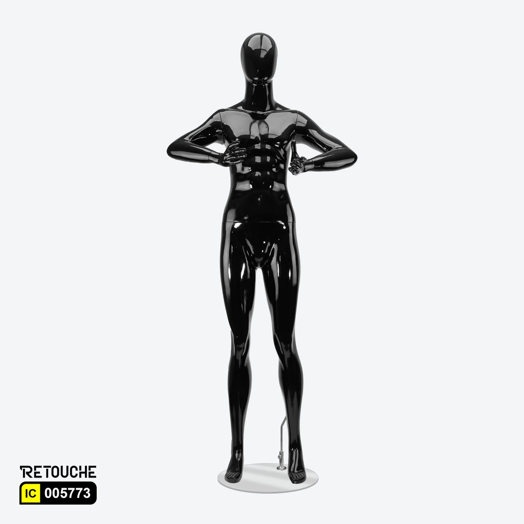 Male Mannequin, Athletic, Egg Face, Full Body, Glossy Black Color Male Mannequin