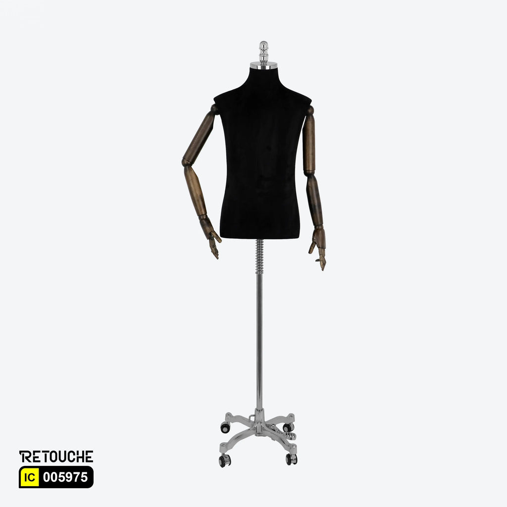 Male Mannequin, Torso, Headless, with Wooden Arms, Height- Adjustable, Black Male Mannequin