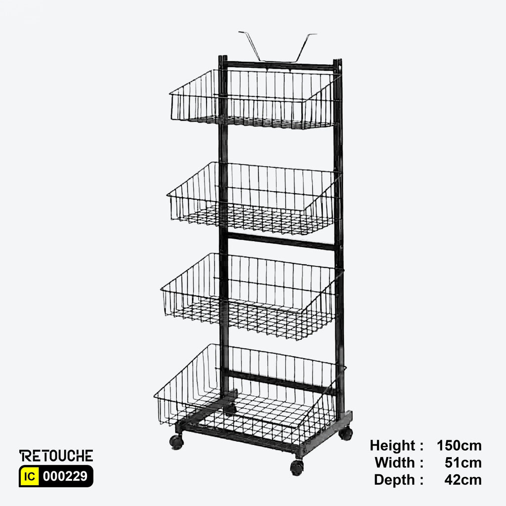 Metal Display Stand, 4-Tier with Wire Baskets, and Wheels Shelving Systems
