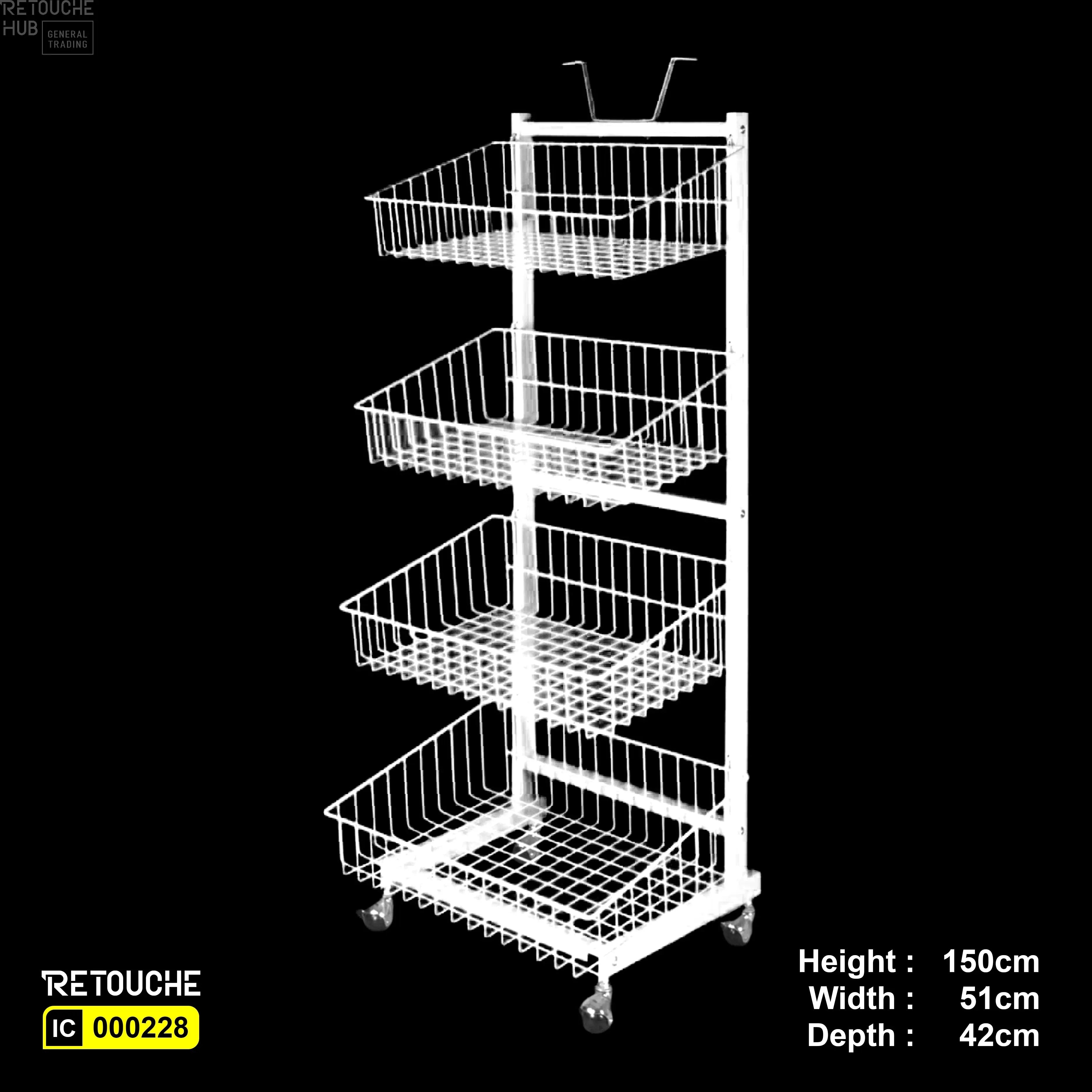 Metal Display Stand, 4-Tier with Wire Baskets, and Wheels Shelving Systems